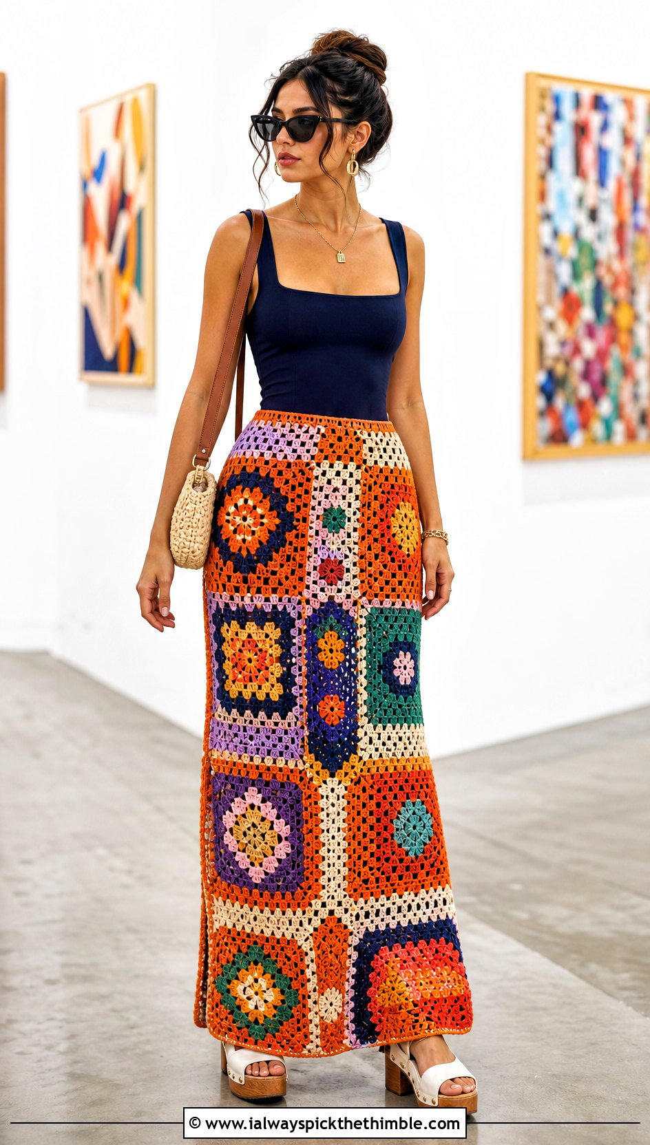Patchwork Crochet Maxi Skirt With Fitted Bodysuit - 25 crochet summer skirt outfit ideas