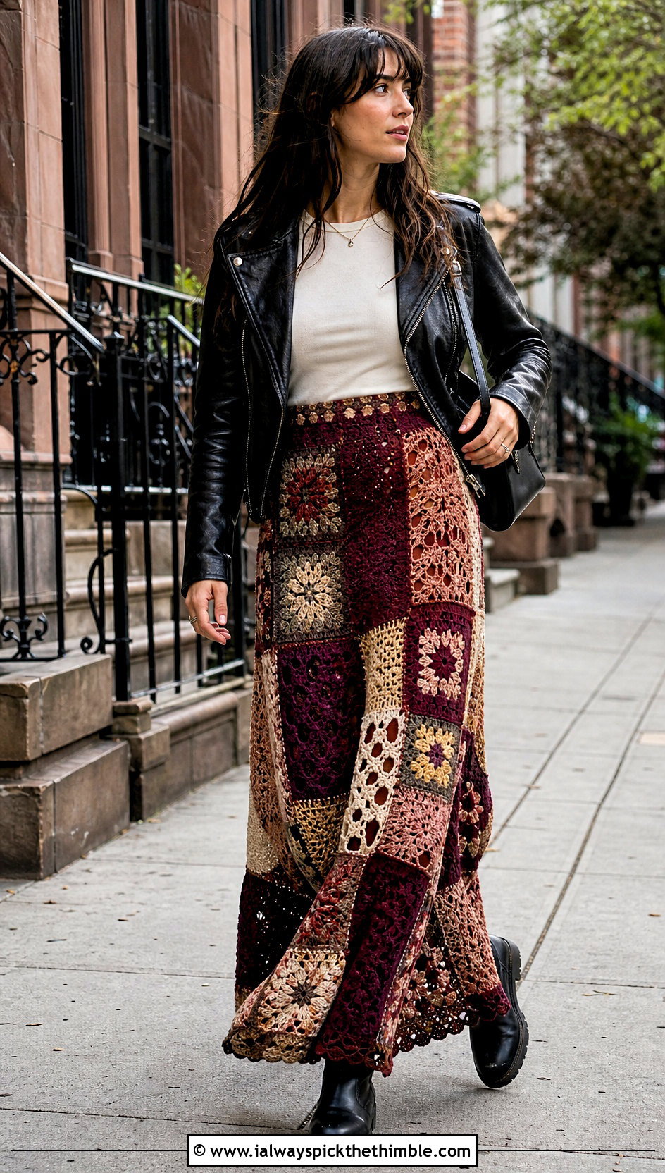Patchwork Crochet Maxi Skirt With Moto Jacket - 25 crochet skirt outfit ideas