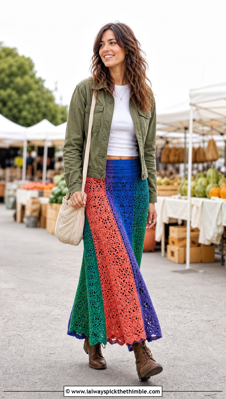 Patchwork Crochet Maxi Skirt With Utility Jacket - 20 crocheted maxi skirt outfit ideas