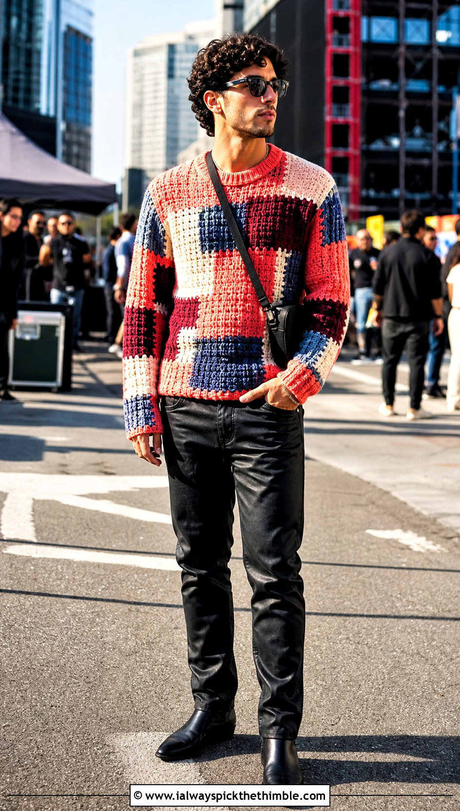 Patchwork Crochet Mens Pullover With Coated Jeans - 15 crochet mens pullover outfit ideas