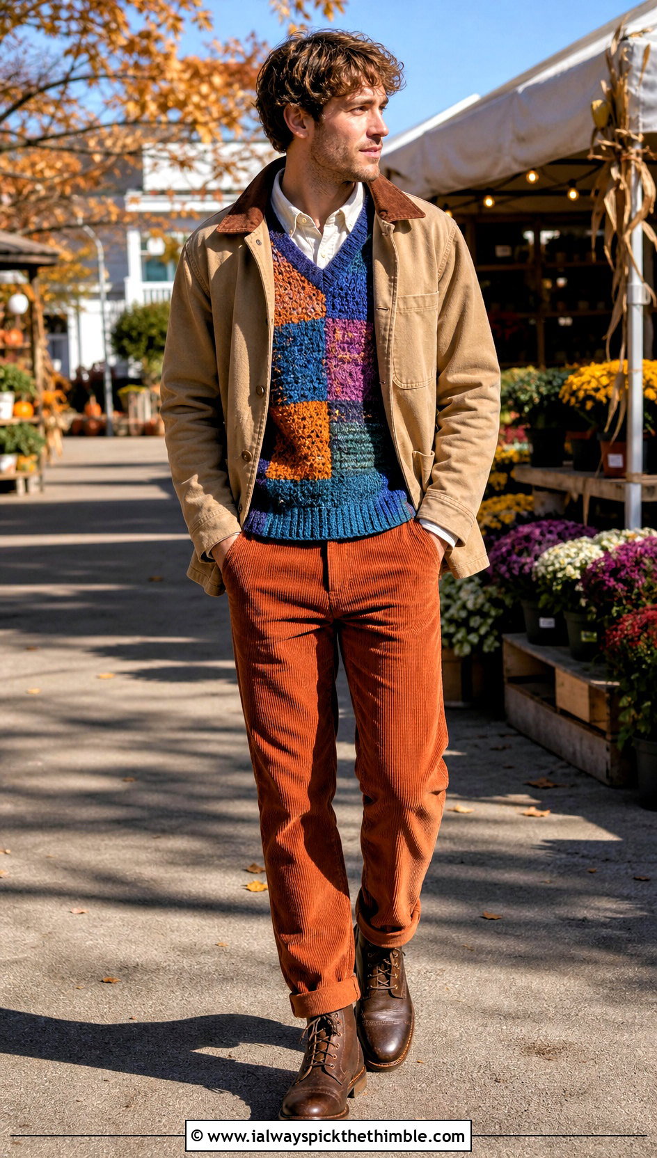 Patchwork Crochet Mens Sweater Vest With Chore Jacket And Corduroy Pants - 20 crochet mens sweater vest outfit ideas