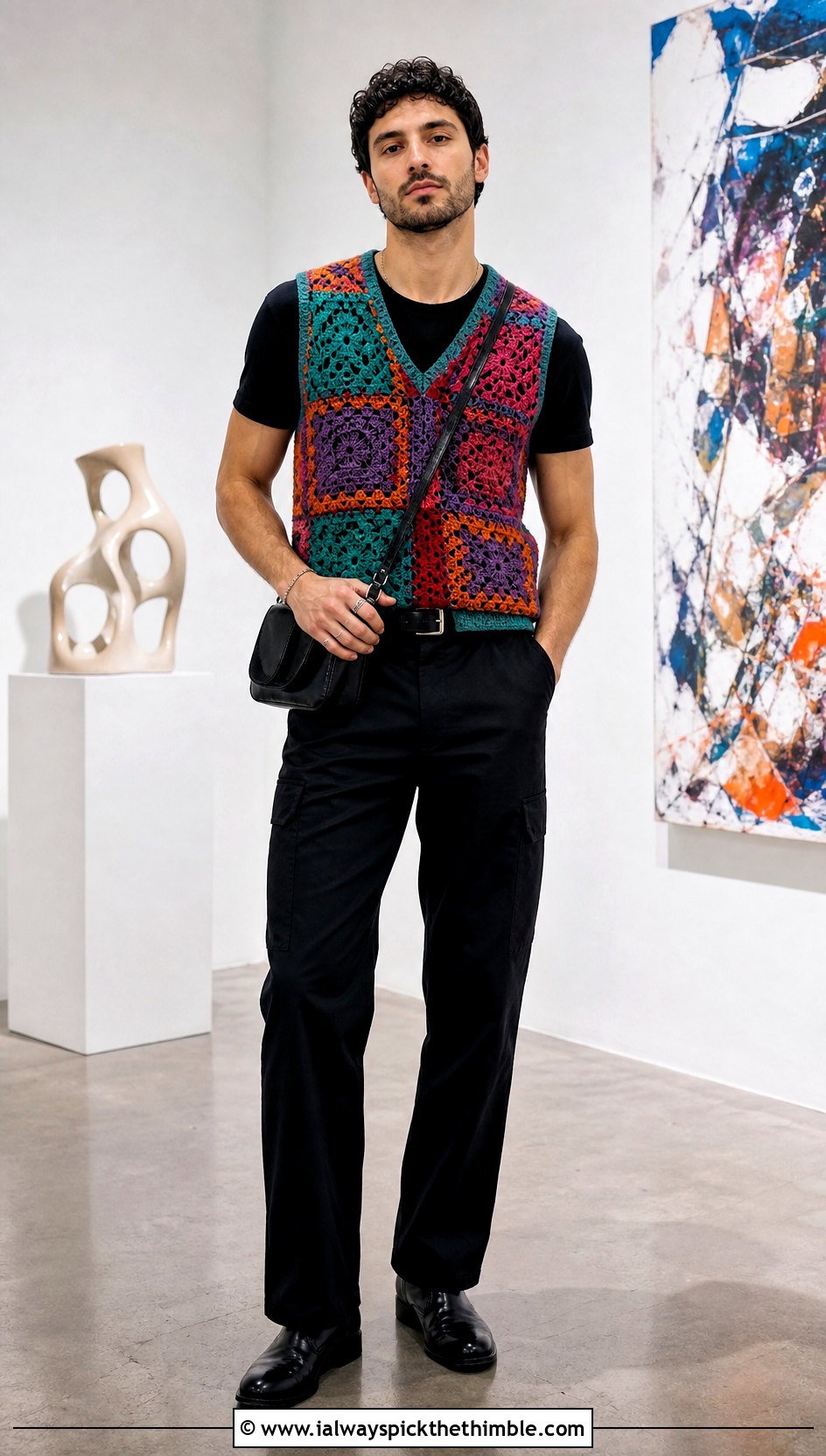 Patchwork Crochet Mens Sweater Vest With Monochrome Black - 20 Mens Crochet Sweater Vest outfit ideas