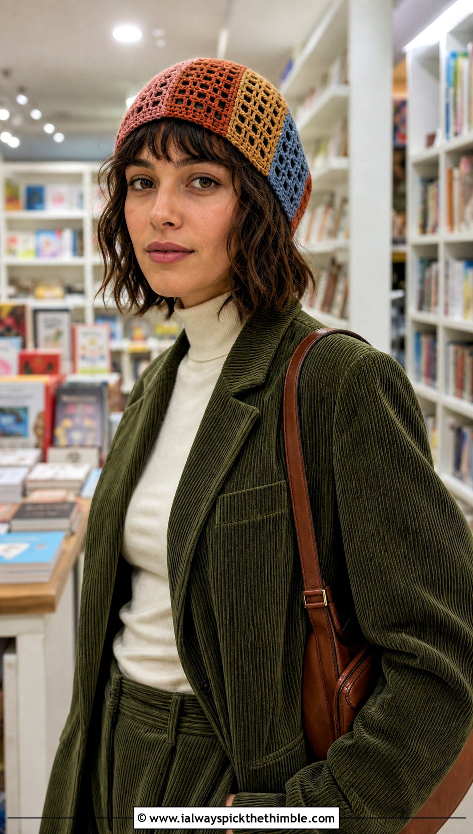 Patchwork Crochet Mesh Beanie With Corduroy Suit - 20 crochet mesh beanie outfit ideas