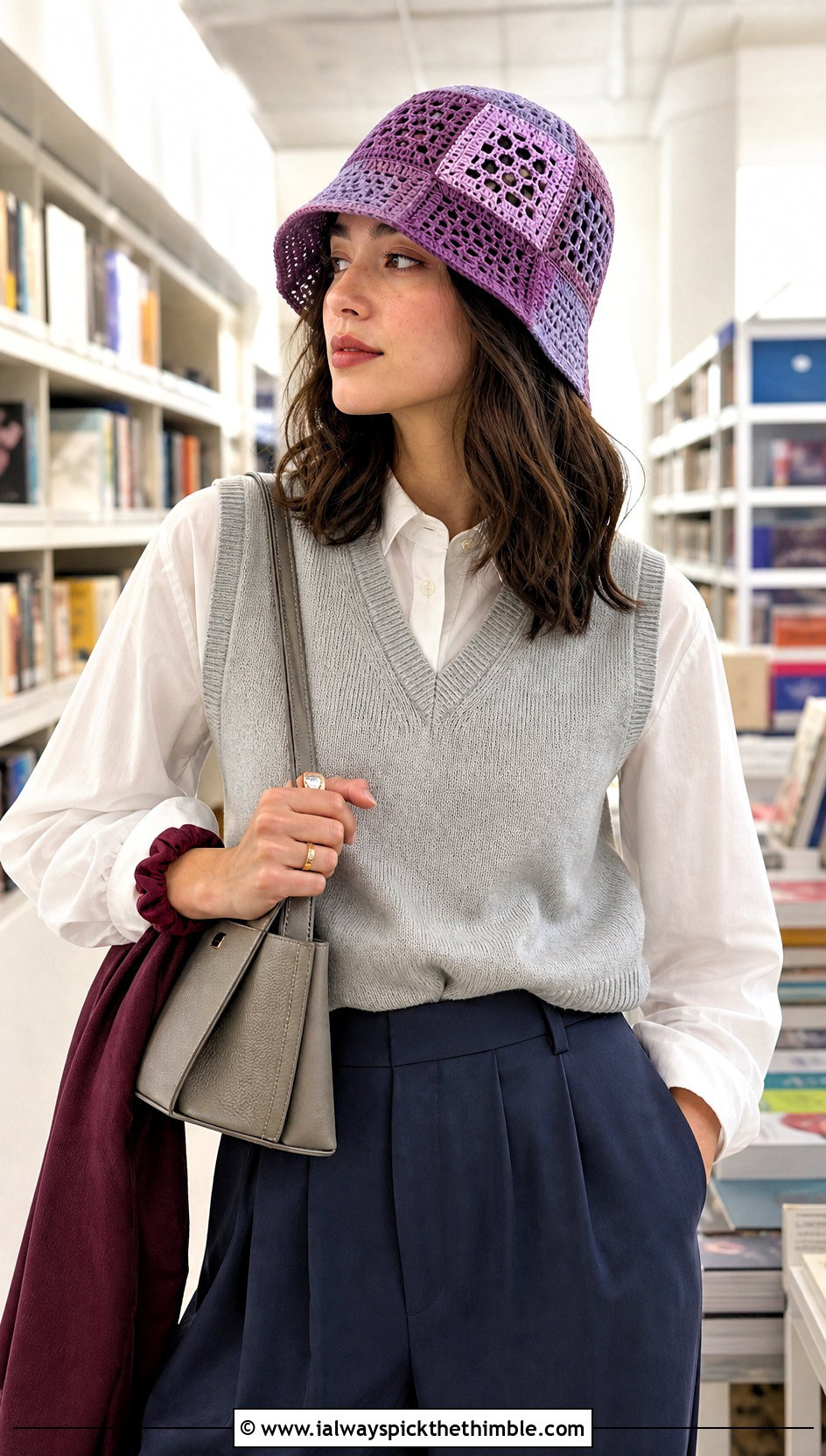 Patchwork Crochet Mesh Bucket Hat With Sweater Vest - 20 crochet mesh bucket hat outfit ideas