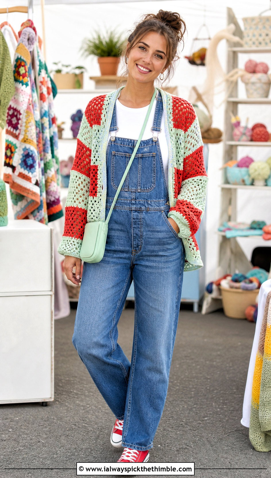 Patchwork Crochet Mesh Cardigan With Denim Overalls - 25 crochet mesh cardigan outfit ideas