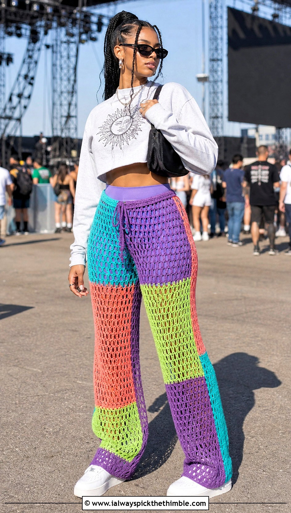 Patchwork Crochet Mesh Pants With Graphic Sweatshirt - 25 crochet mesh pants outfit ideas