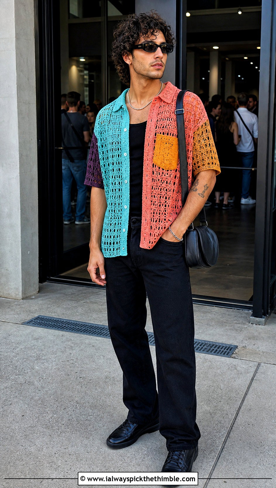 Patchwork Crochet Mesh Shirt With Black Denim - 20 Men Crochet Mesh Shirt outfit ideas