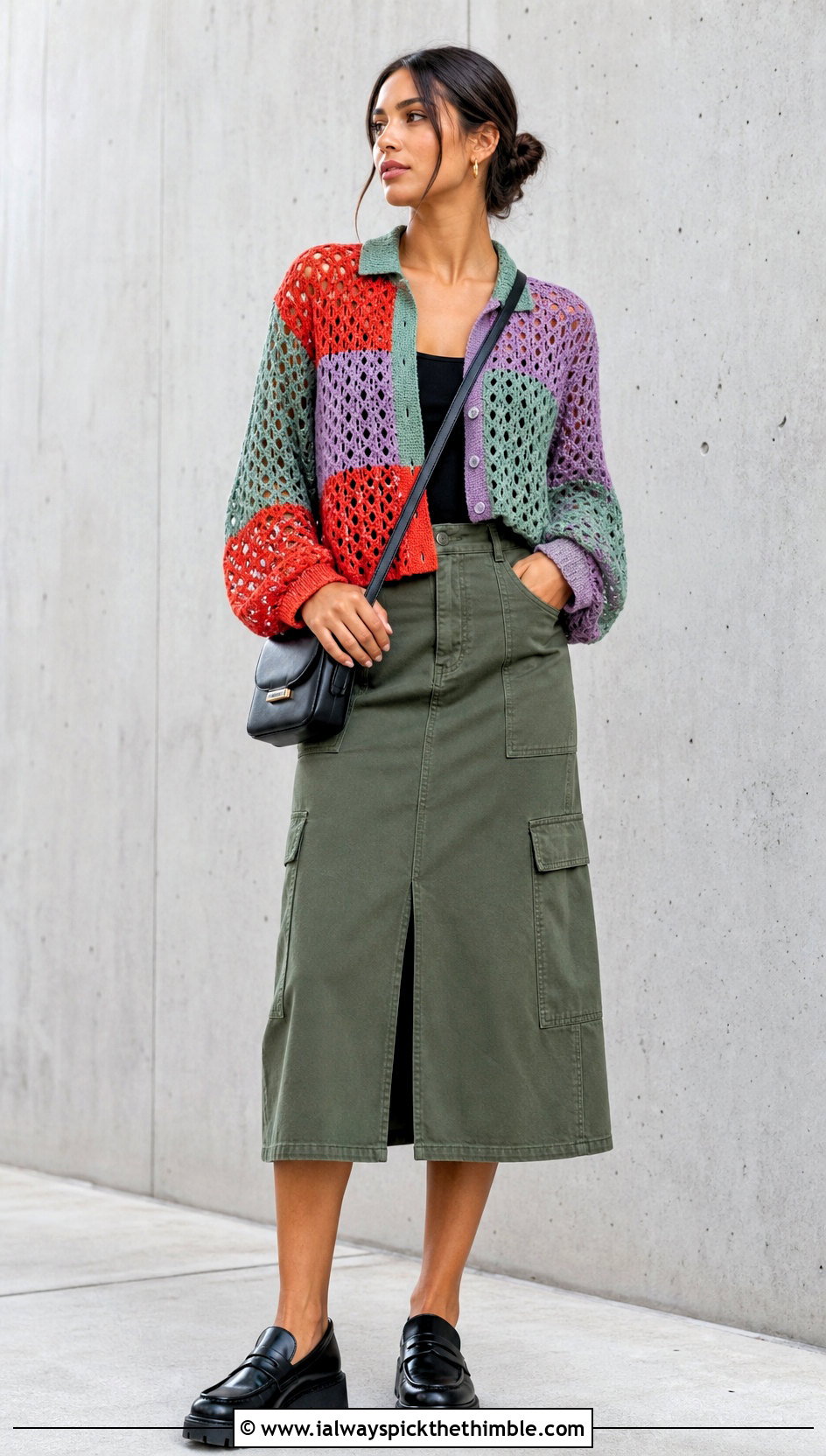 Patchwork Crochet Mesh Shirt With Utility Skirt - 20 crochet mesh shirt outfit ideas