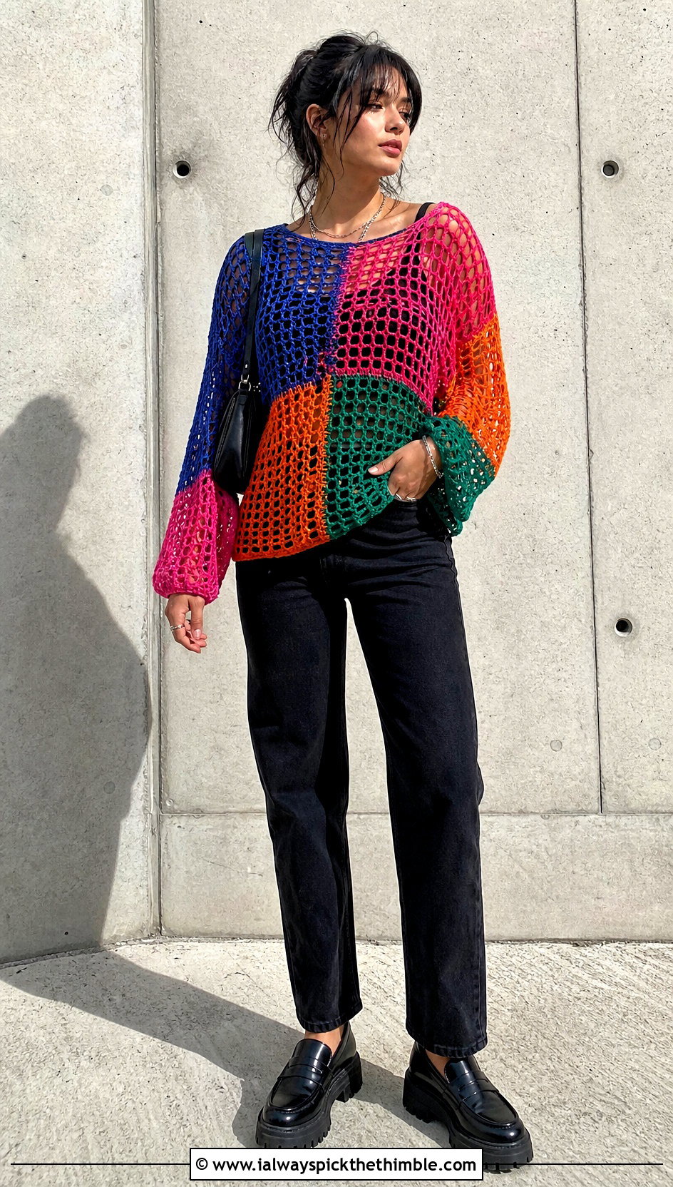 Patchwork Crochet Mesh Sweater With Black Jeans - 25 oversized crochet mesh sweater outfit ideas