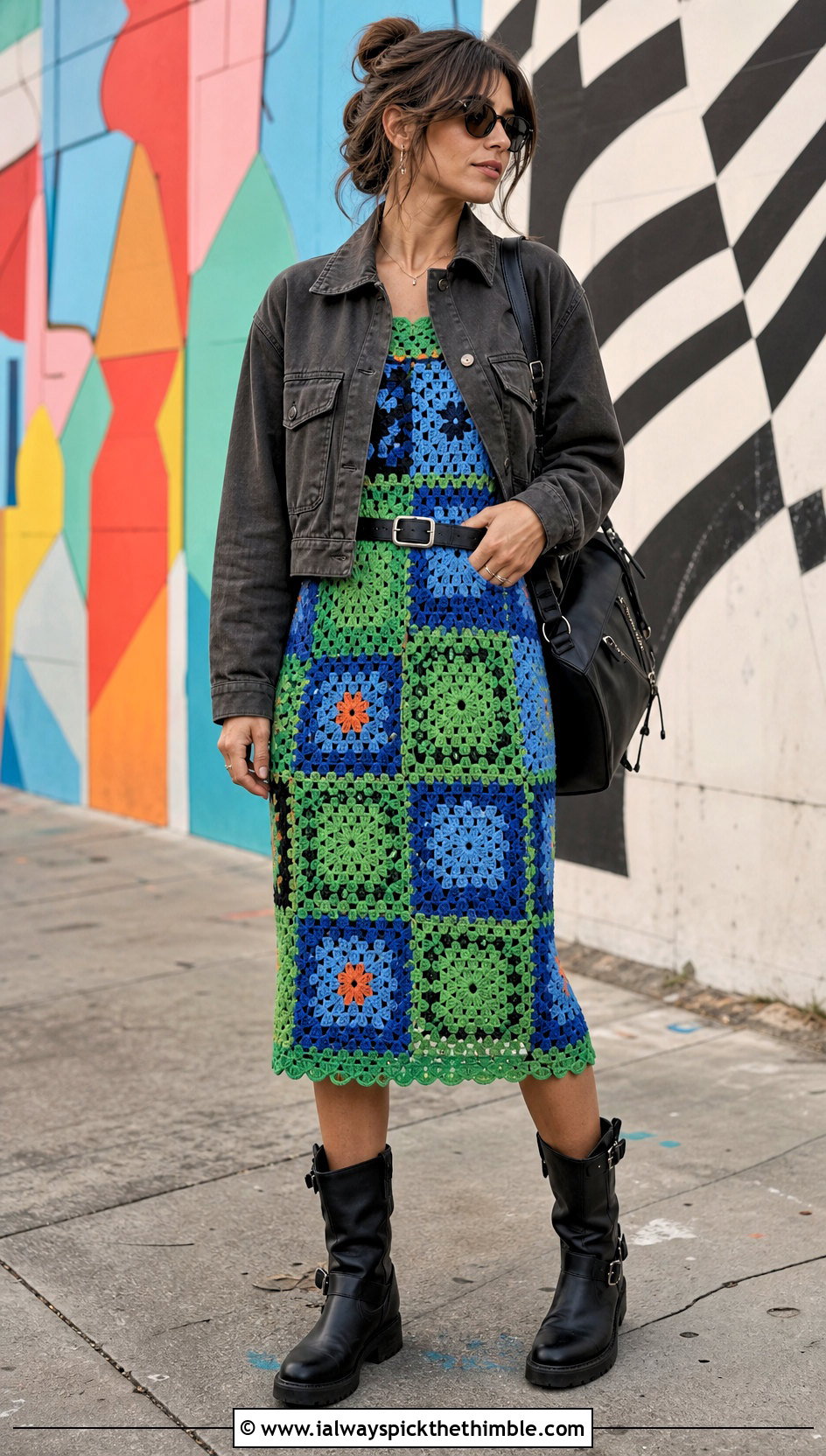 Patchwork Crochet Midi Dress With Moto Boots - 15 handmade crochet dress ideas