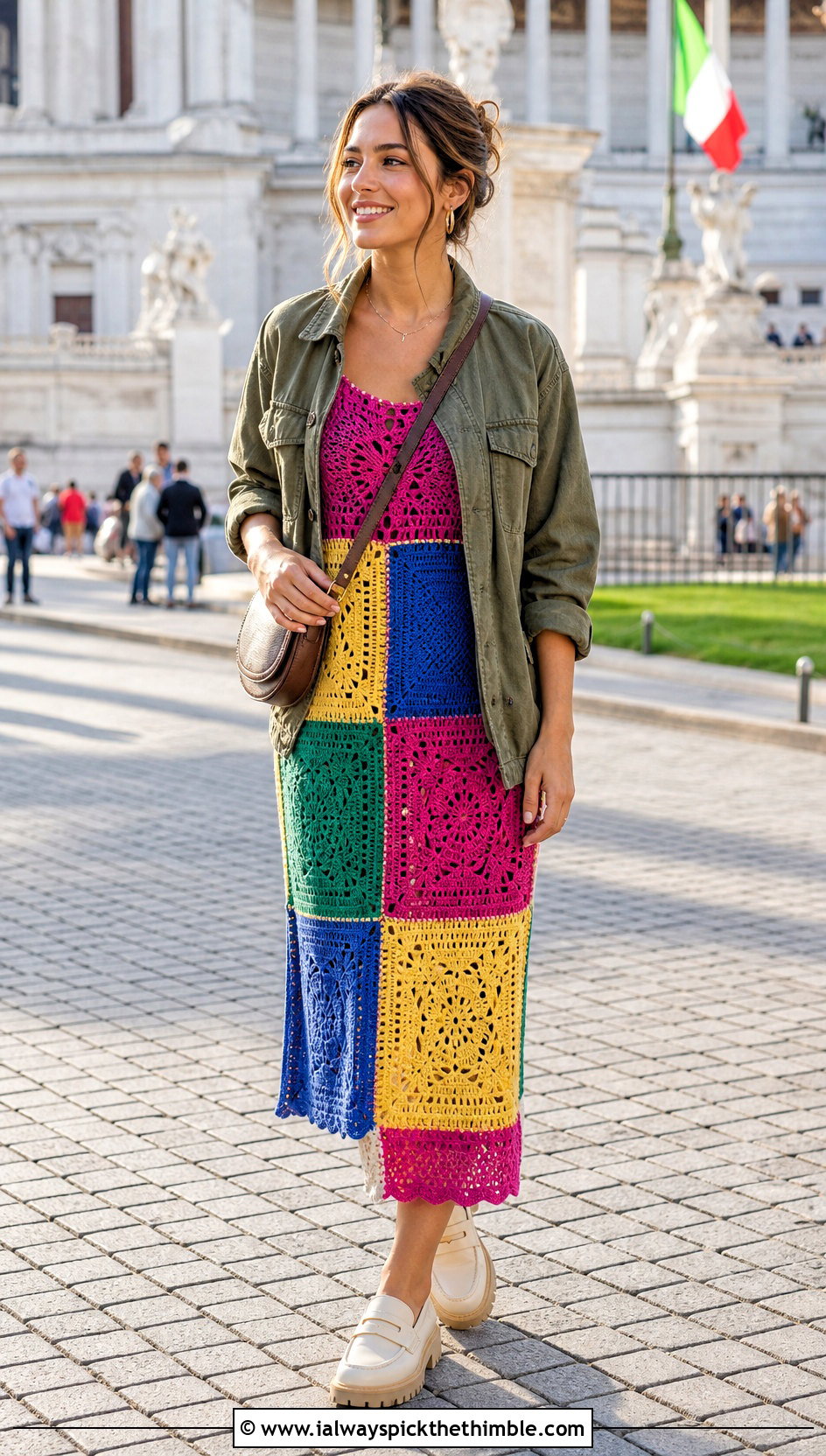 Patchwork Crochet Midi Dress With Utility Jacket - 20 crochet for dresses outfit ideas