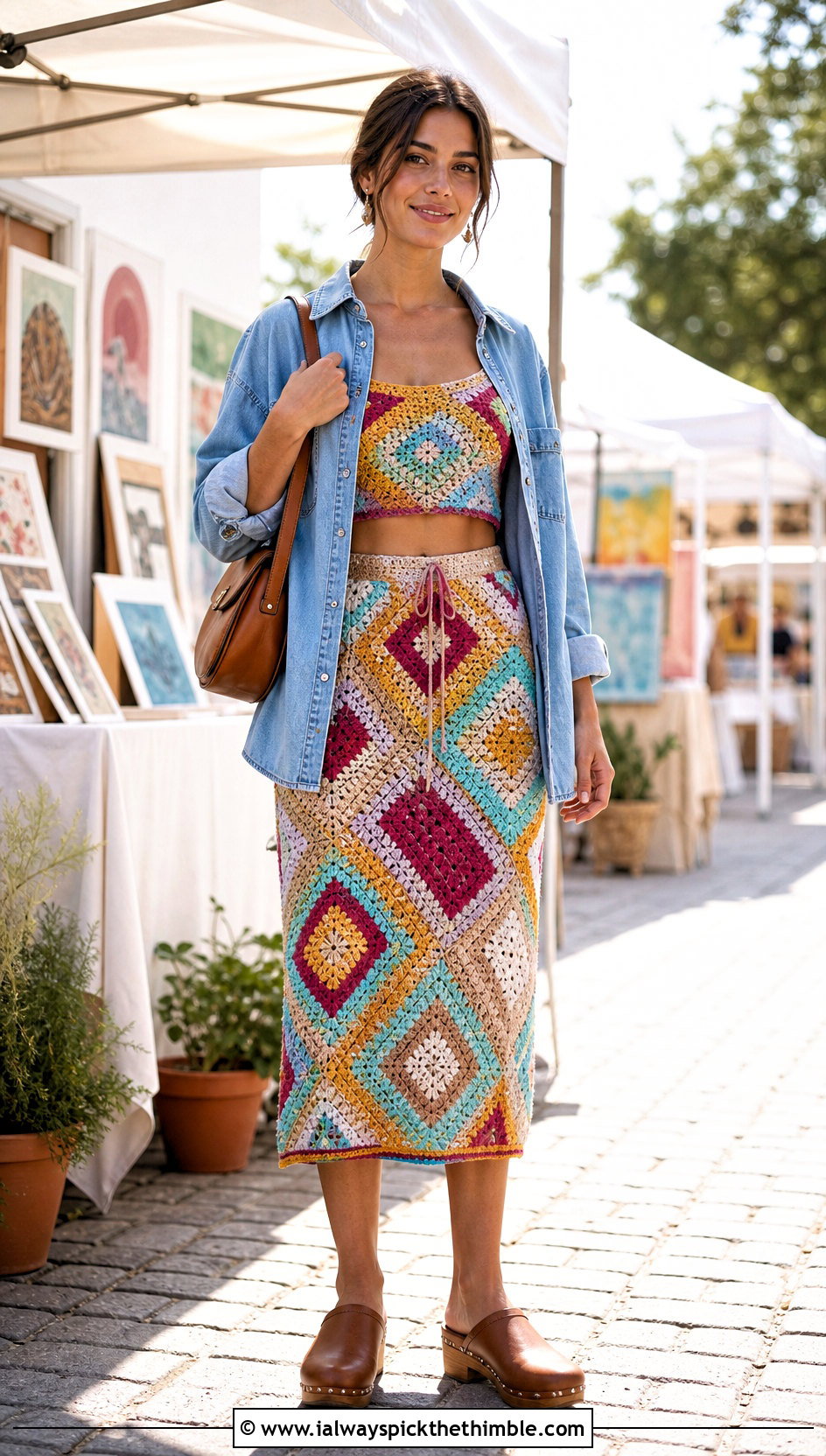 Patchwork Crochet Midi Skirt Set With Denim Shirt - 25 Crochet Skirts Set Outfit ideas