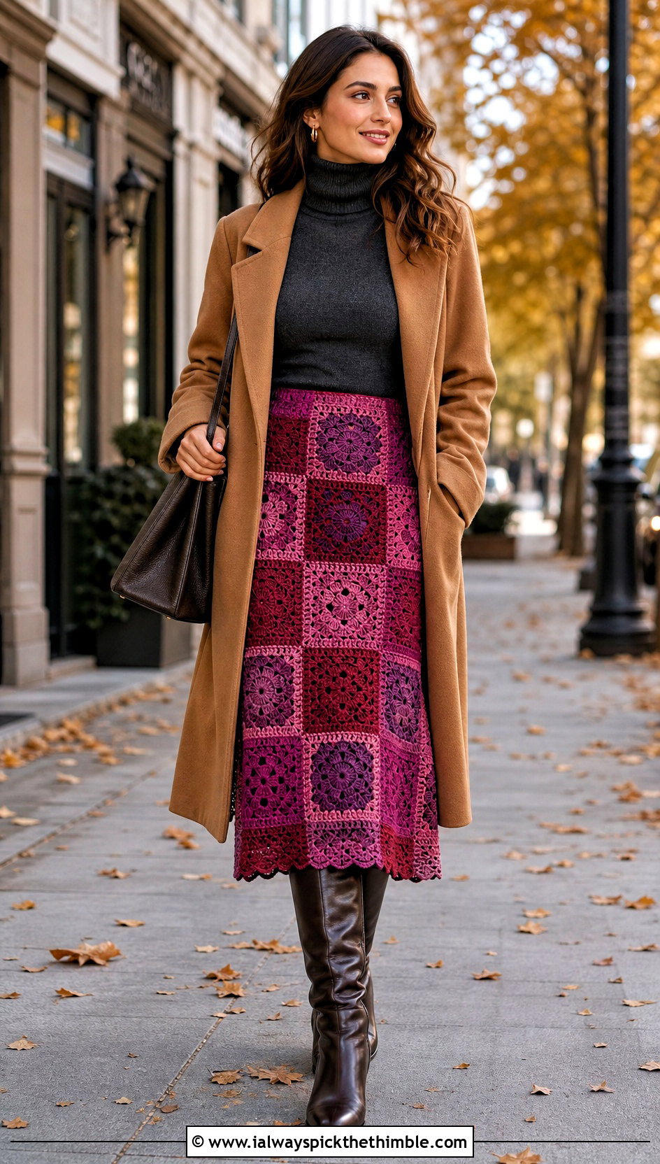 Patchwork Crochet Midi Skirt With Turtleneck And Knee Boots - 25 crochet skirts outfit ideas