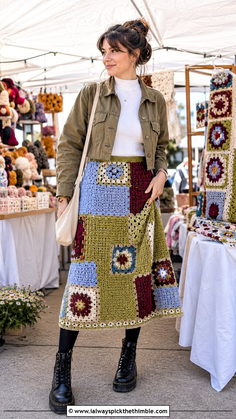 Patchwork Crochet Midi Skirt With Utility Jacket - 25 crochet winter skirt outfit ideas