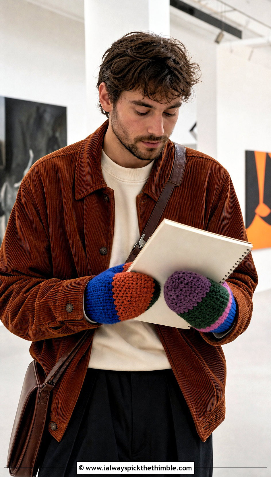 Patchwork Crochet Mittens With Corduroy Jacket - 20 Mens Crochet Mittens outfit ideas