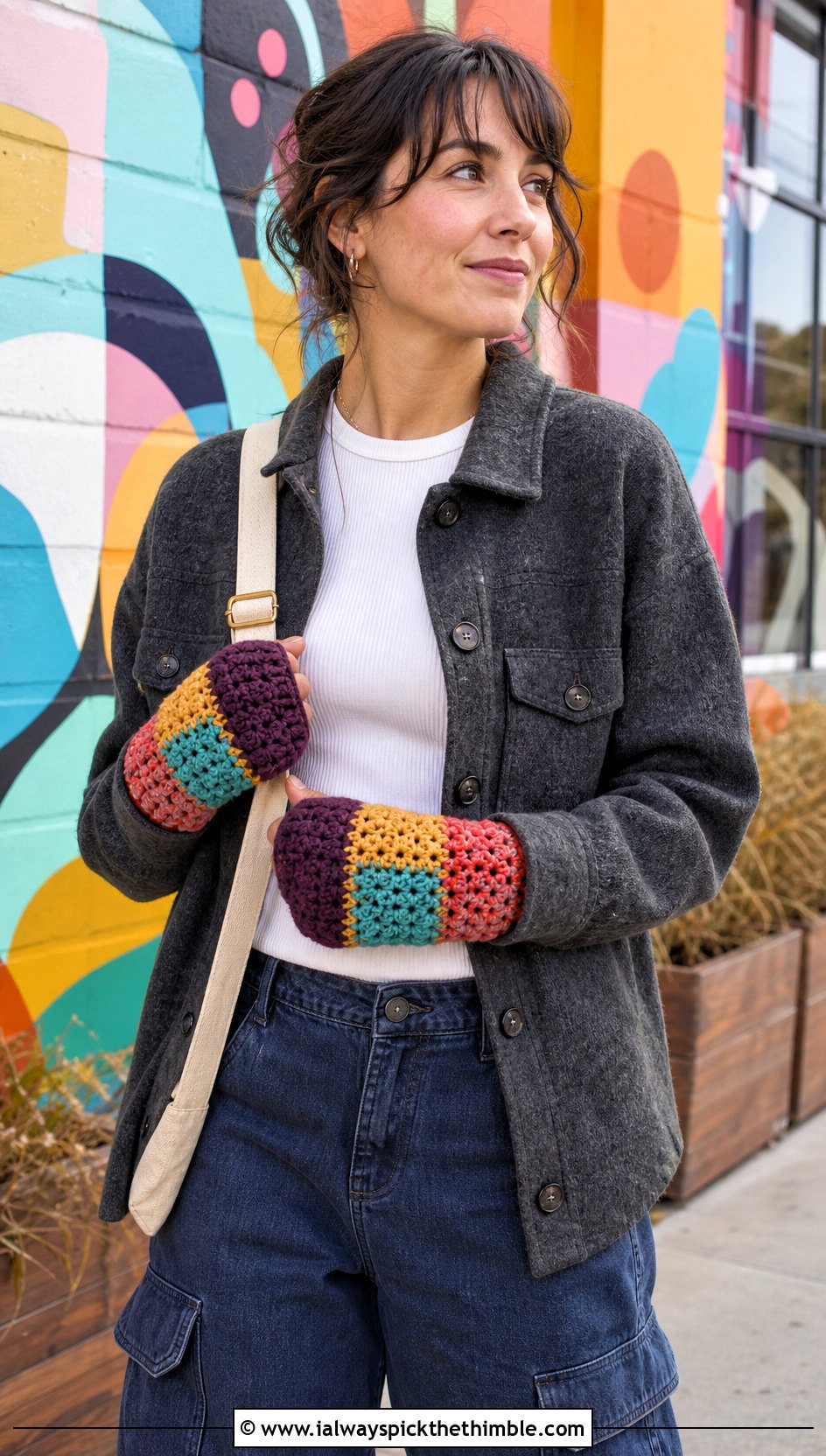 Patchwork Crochet Mittens With Shacket And Cargo Jeans - 25 easy crochet mittens for beginners outfit ideas