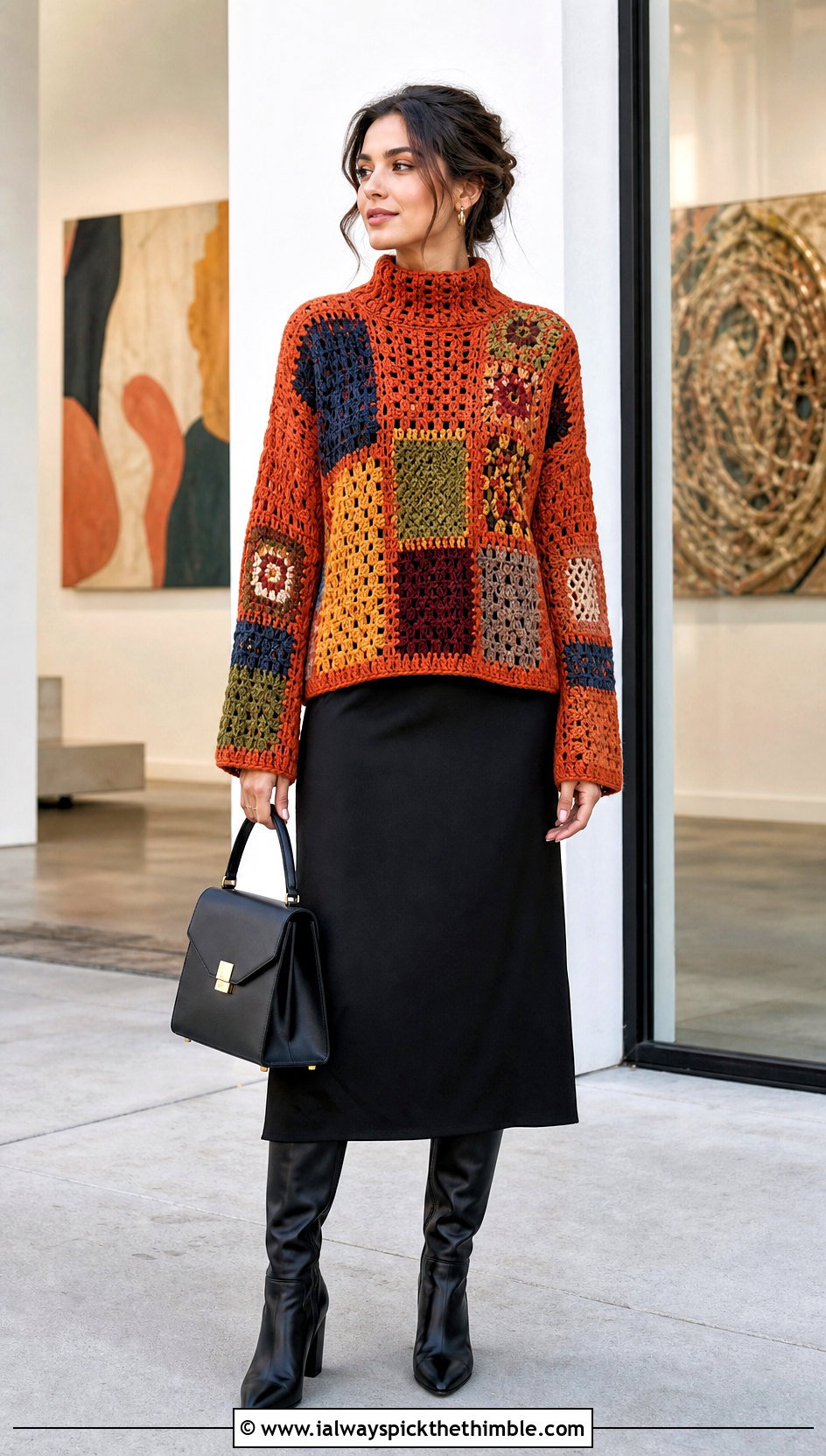 Patchwork Crochet Mock Neck Sweater Over Black Midi Dress - 20 Crochet Mock Neck Sweater outfit ideas
