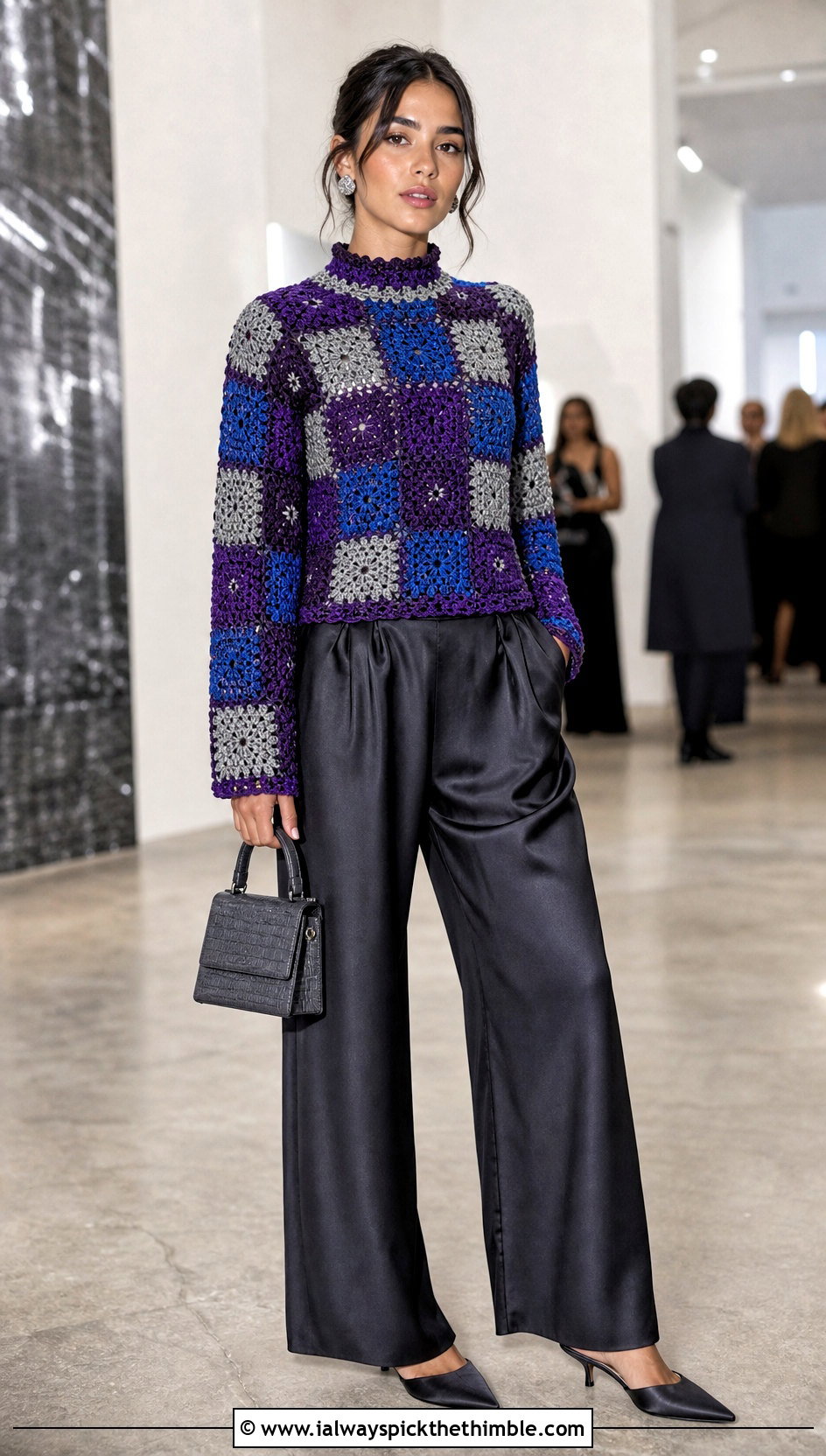 Patchwork Crochet Mock Neck Sweater With Satin Pants - 25 patchwork crochet sweater outfit ideas