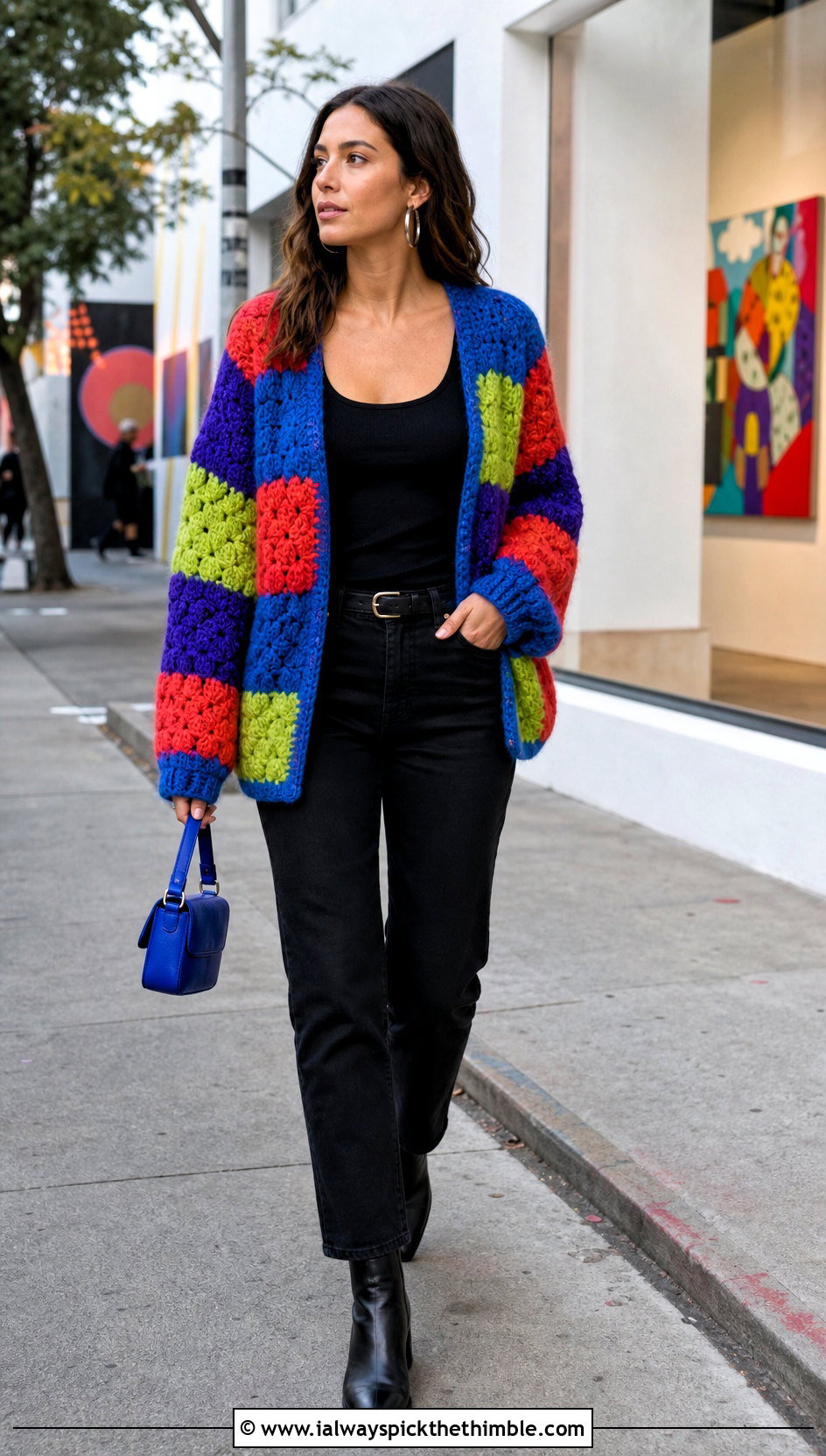 Patchwork Crochet Mohair Cardigan With Black Denim - 25 crochet mohair cardigan outfit ideas