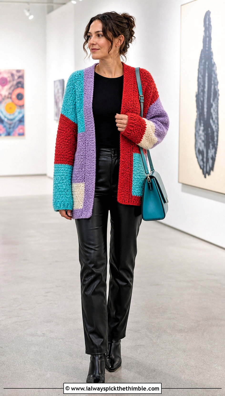 Patchwork Crochet Moss Stitch Cardigan With Leather Pants - 20 crochet moss stitch cardigan outfit ideas