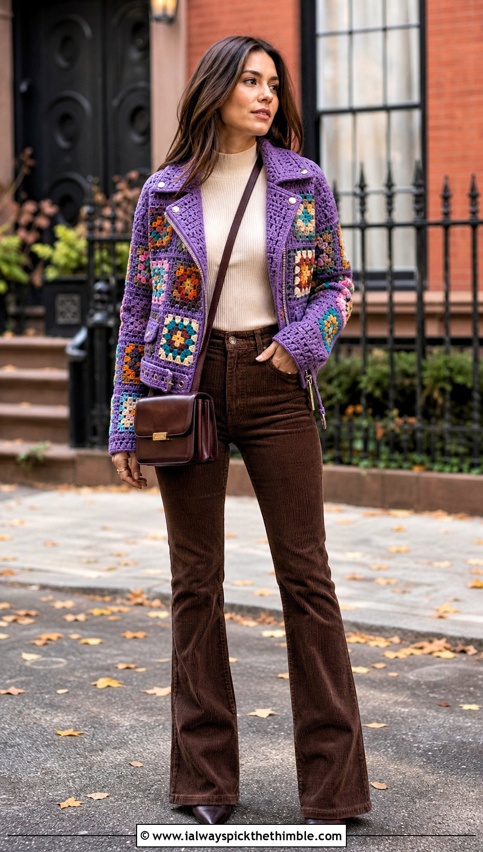 Patchwork Crochet Moto Jacket With Corduroy Flares - 15 Colorful Crochet Jacket Design outfit ideas