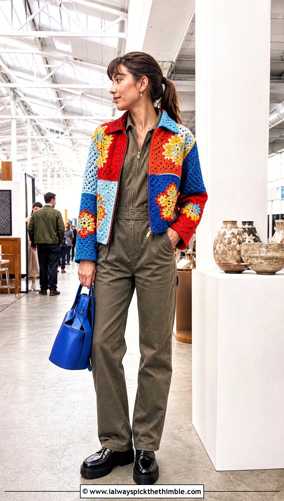 Patchwork Crochet Moto Jacket With Utility Jumpsuit - 15 Crochet Moto Jacket outfit ideas