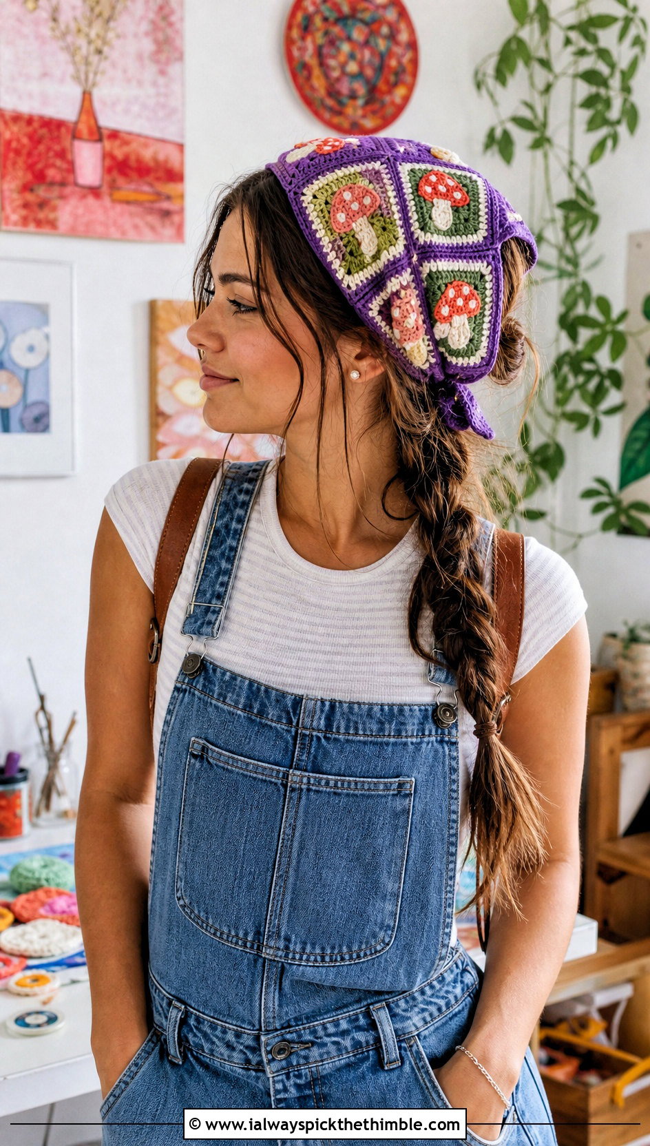 Patchwork Crochet Mushroom Bandana With Denim Overalls - 15 Crochet Mushroom Head Scarf outfit ideas