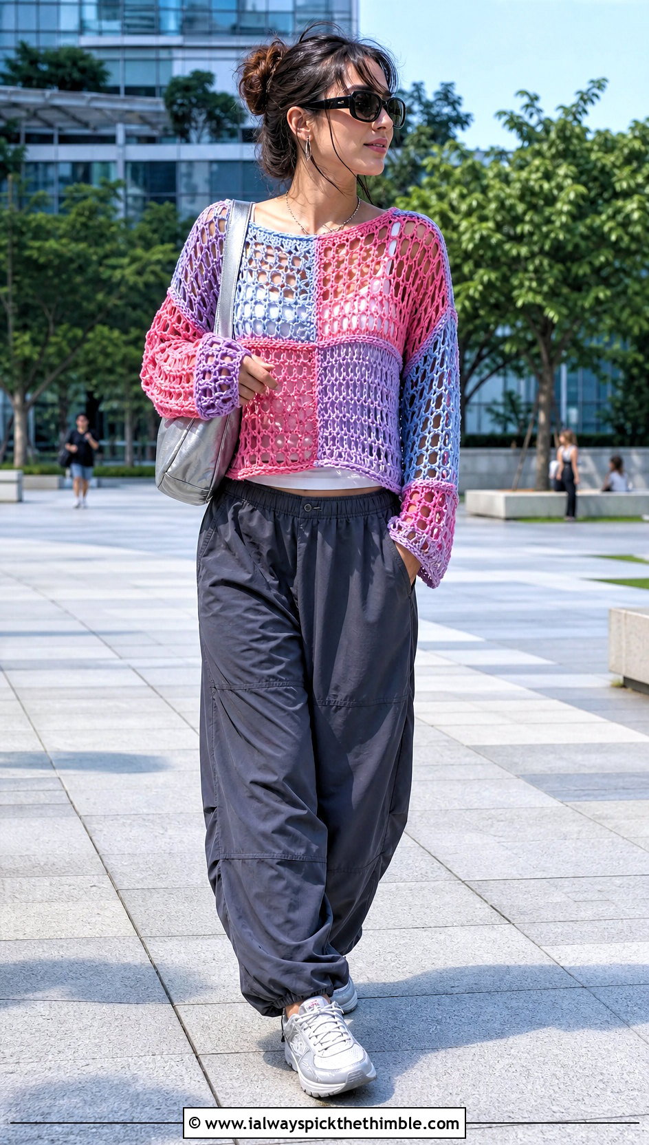 Patchwork Crochet Net Sweater With Parachute Pants - 25 crochet net sweater outfit ideas