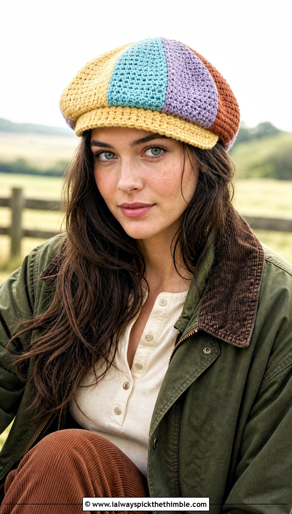 Patchwork Crochet Newsboy Hat With Barn Jacket And Corduroy Pants - 20 newsboy crochet hat outfit ideas
