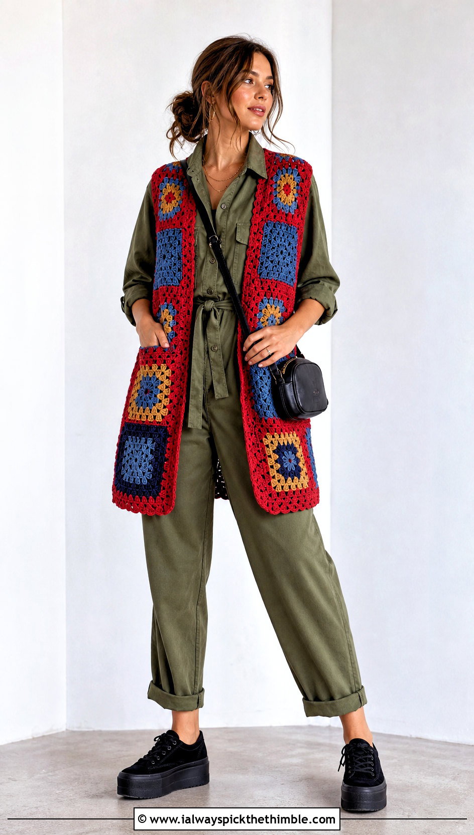 Patchwork Crochet Open Front Vest With Utility Jumpsuit - 20 crochet open front vest outfit ideas