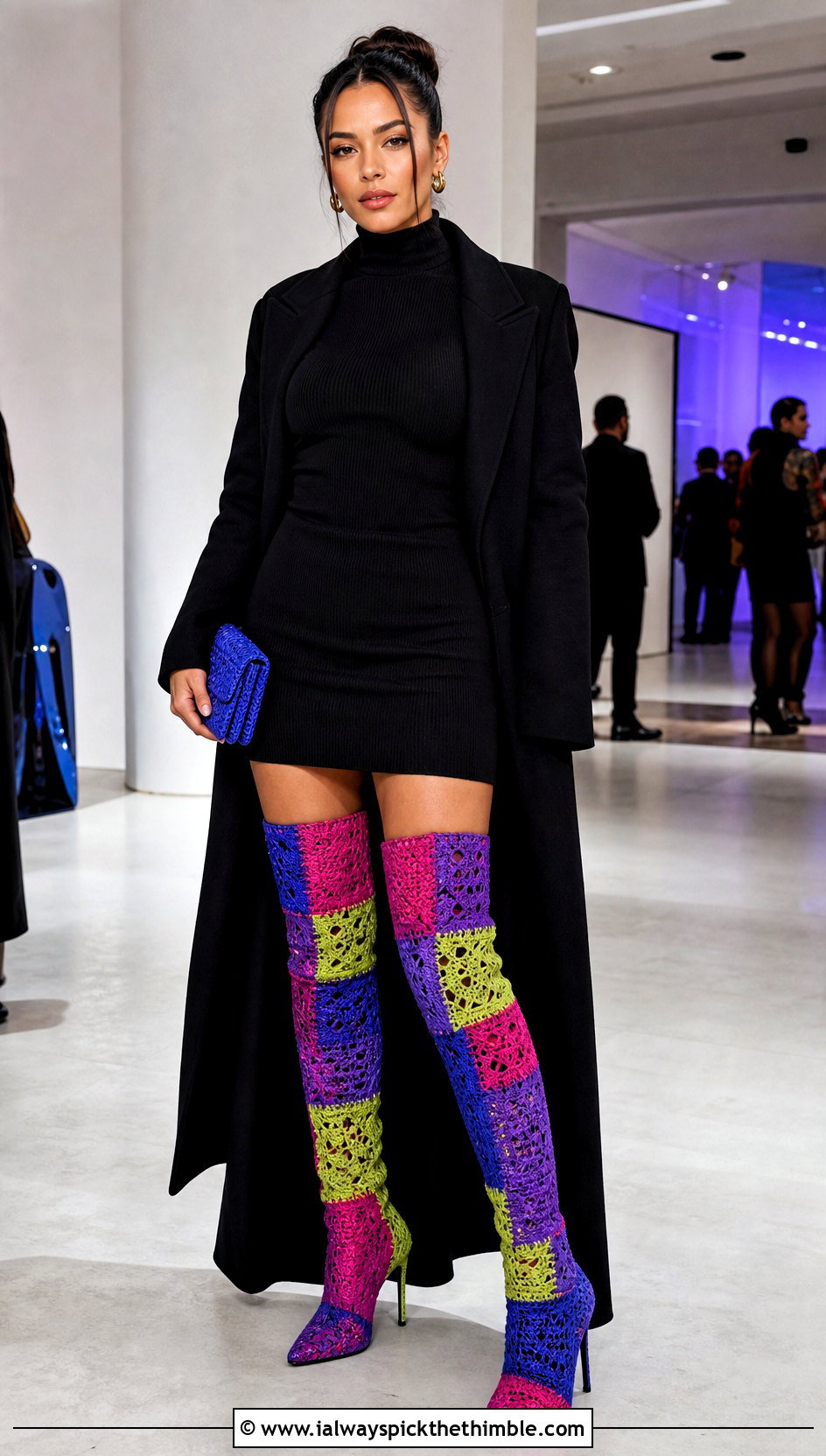 Patchwork Crochet Over The Knee Boots With Knit Dress - 15 Colorful Crochet Boot outfit ideas