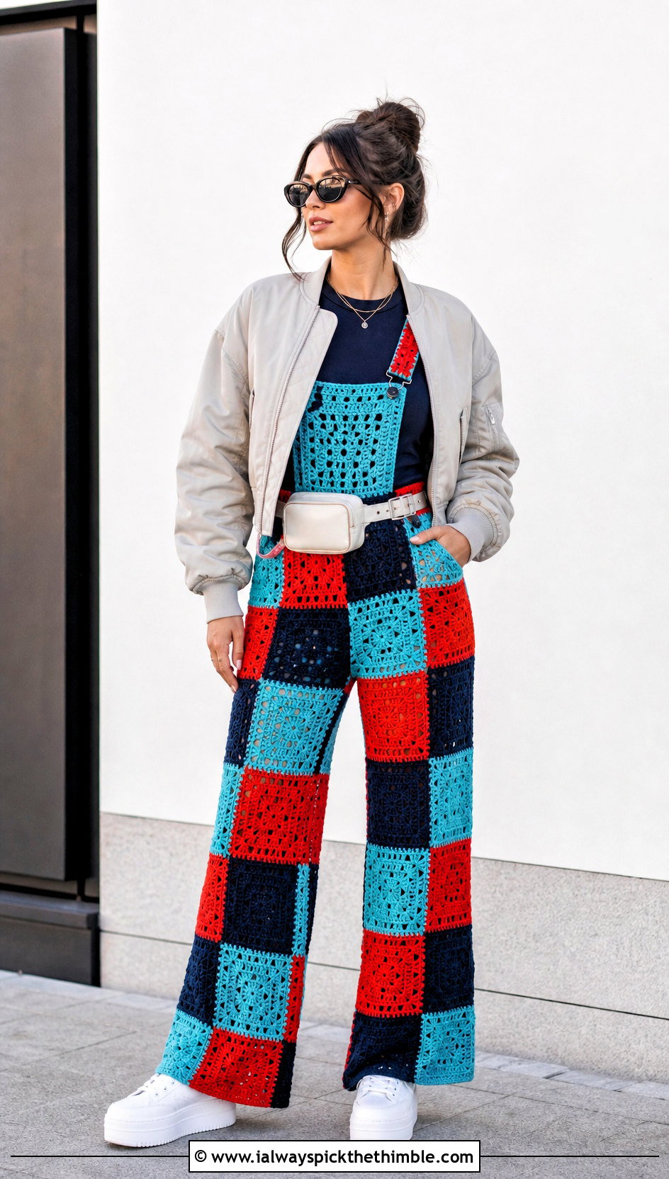 Patchwork Crochet Overall Dress With Bomber Jacket - 25 Crochet Overall Dress outfit ideas