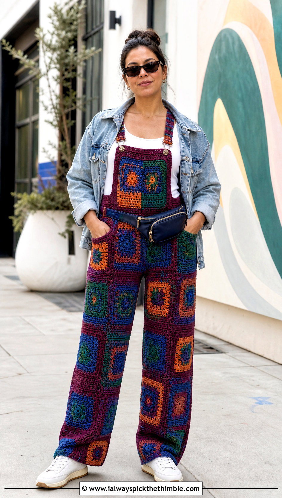 Patchwork Crochet Overalls With Denim Jacket - 25 crochet overalls outfit ideas