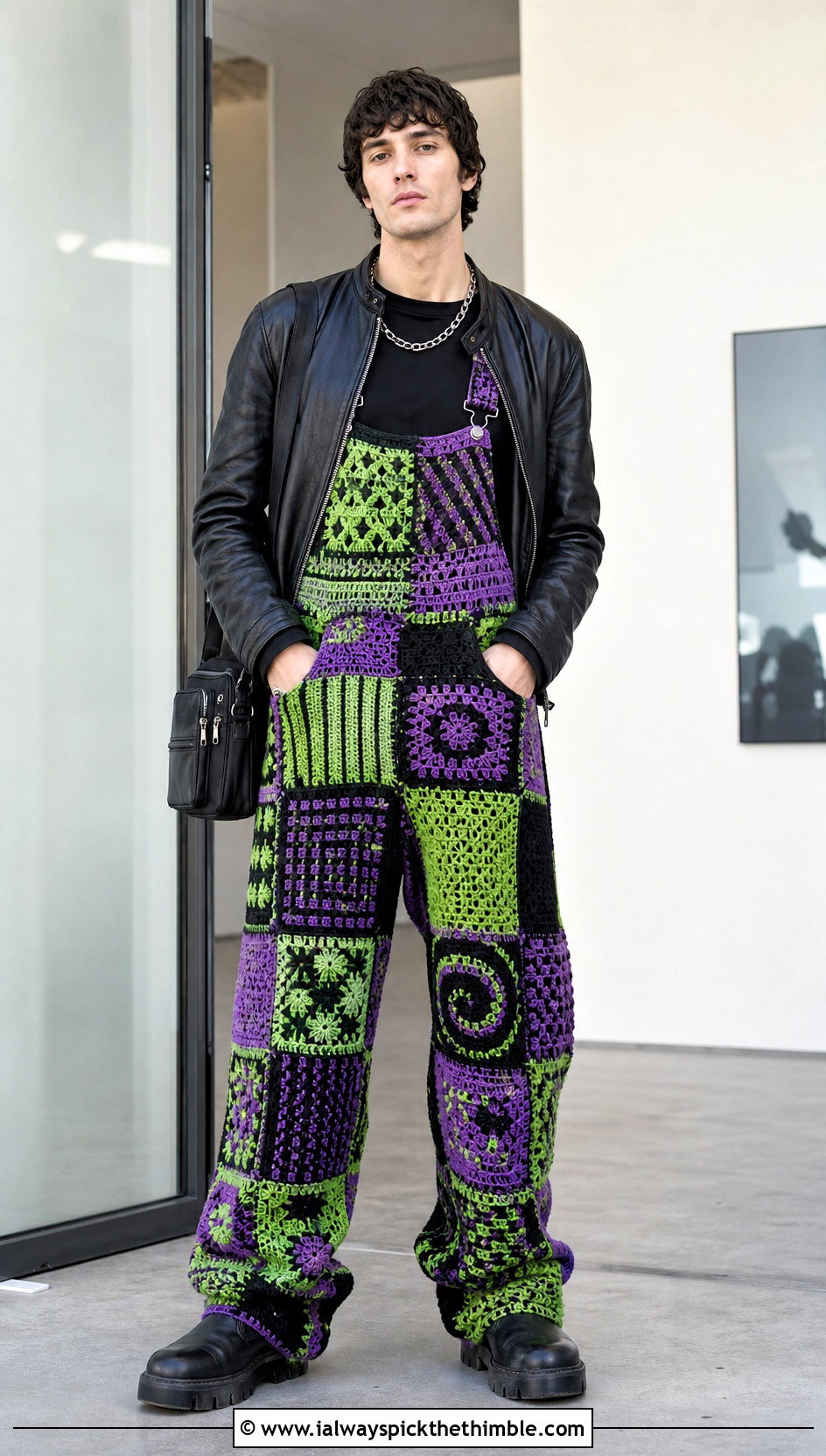 Patchwork Crochet Overalls With Leather Jacket - 15 crochet overalls men outfit ideas