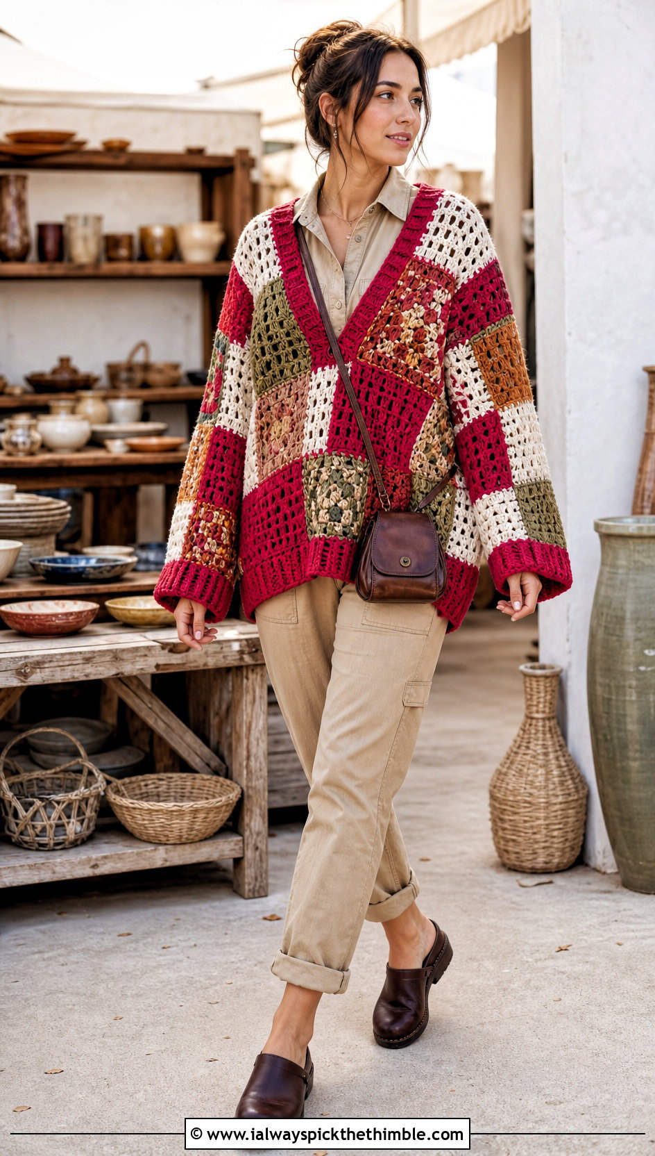 Patchwork Crochet Oversize Sweater With Jumpsuit - 20 Crochet Oversize Sweater outfit ideas