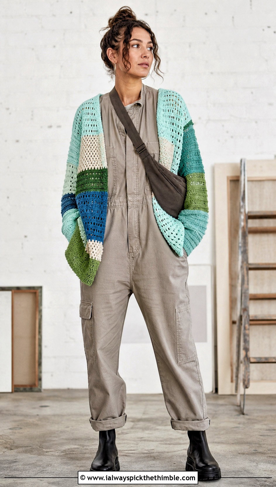 Patchwork Crochet Oversized Sweater With Utility Jumpsuit - 20 Easy Crochet Oversized Sweater outfit ideas