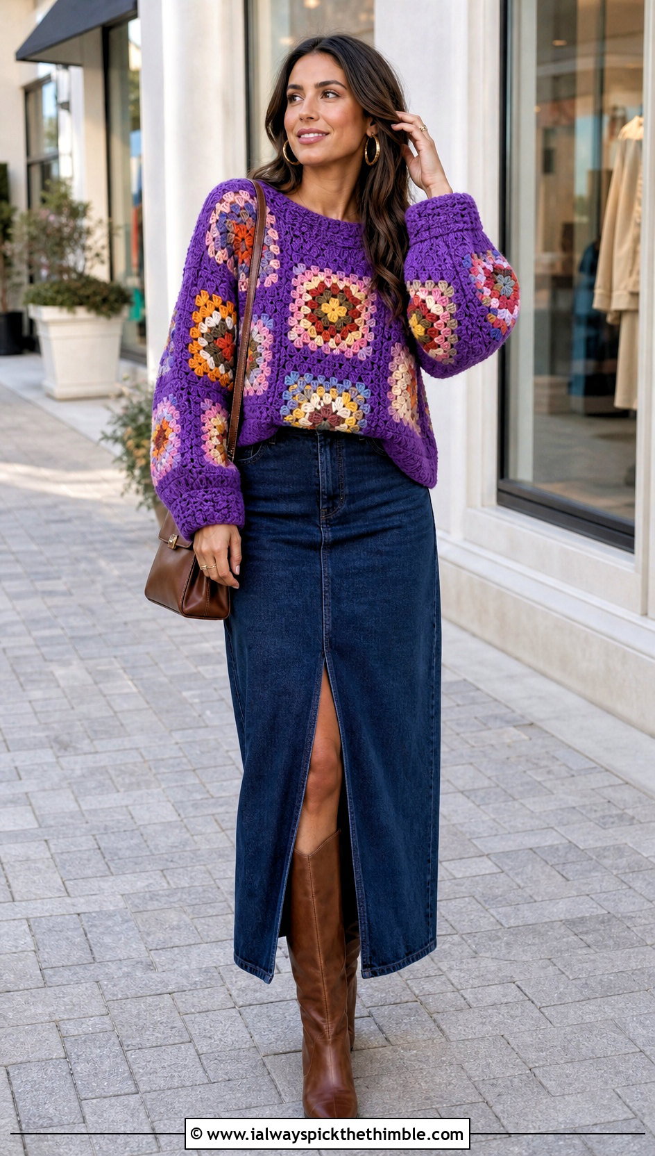 Patchwork Crochet Panel Sweater With Denim Maxi Skirt - 20 crochet panel sweater outfit ideas