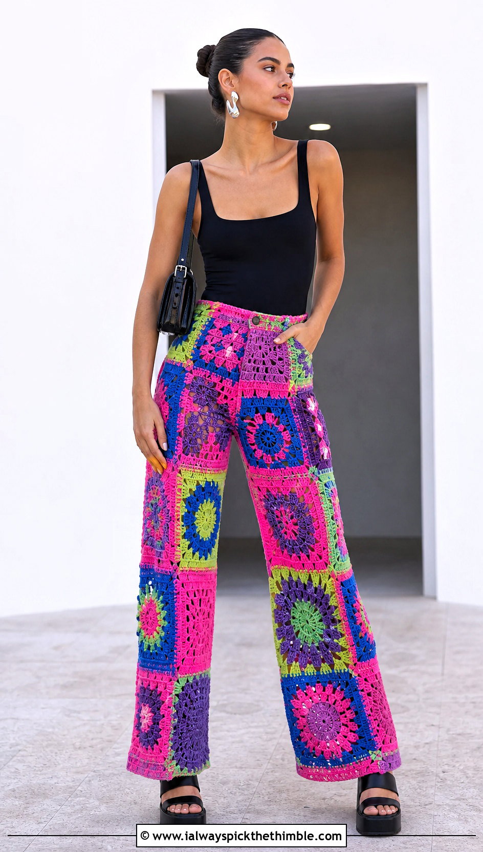 Patchwork Crochet Pants With Black Bodysuit - 20 women crocheted pants outfit ideas