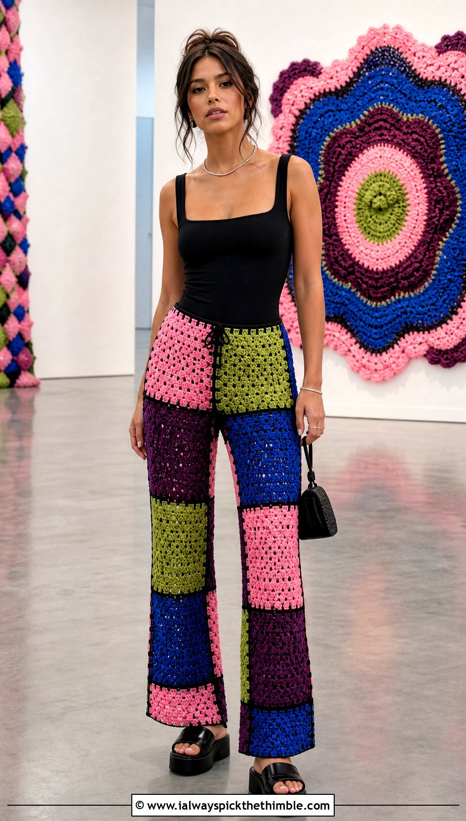 Patchwork Crochet Pants With Black Bodysuit - 20 crochet pants women outfit ideas