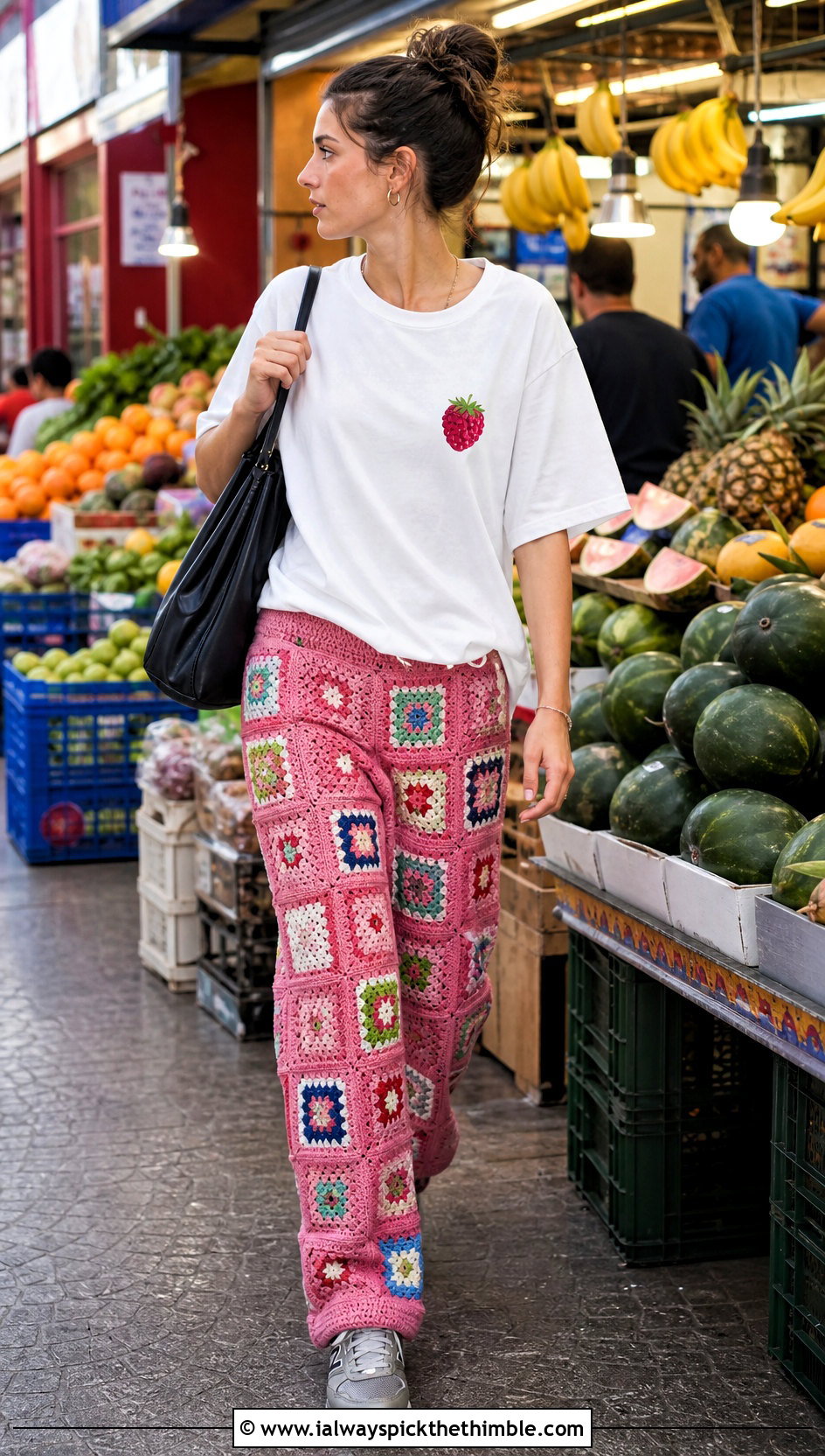 Patchwork Crochet Pants With Graphic Tee - 20 Crochet Pant Outfit ideas