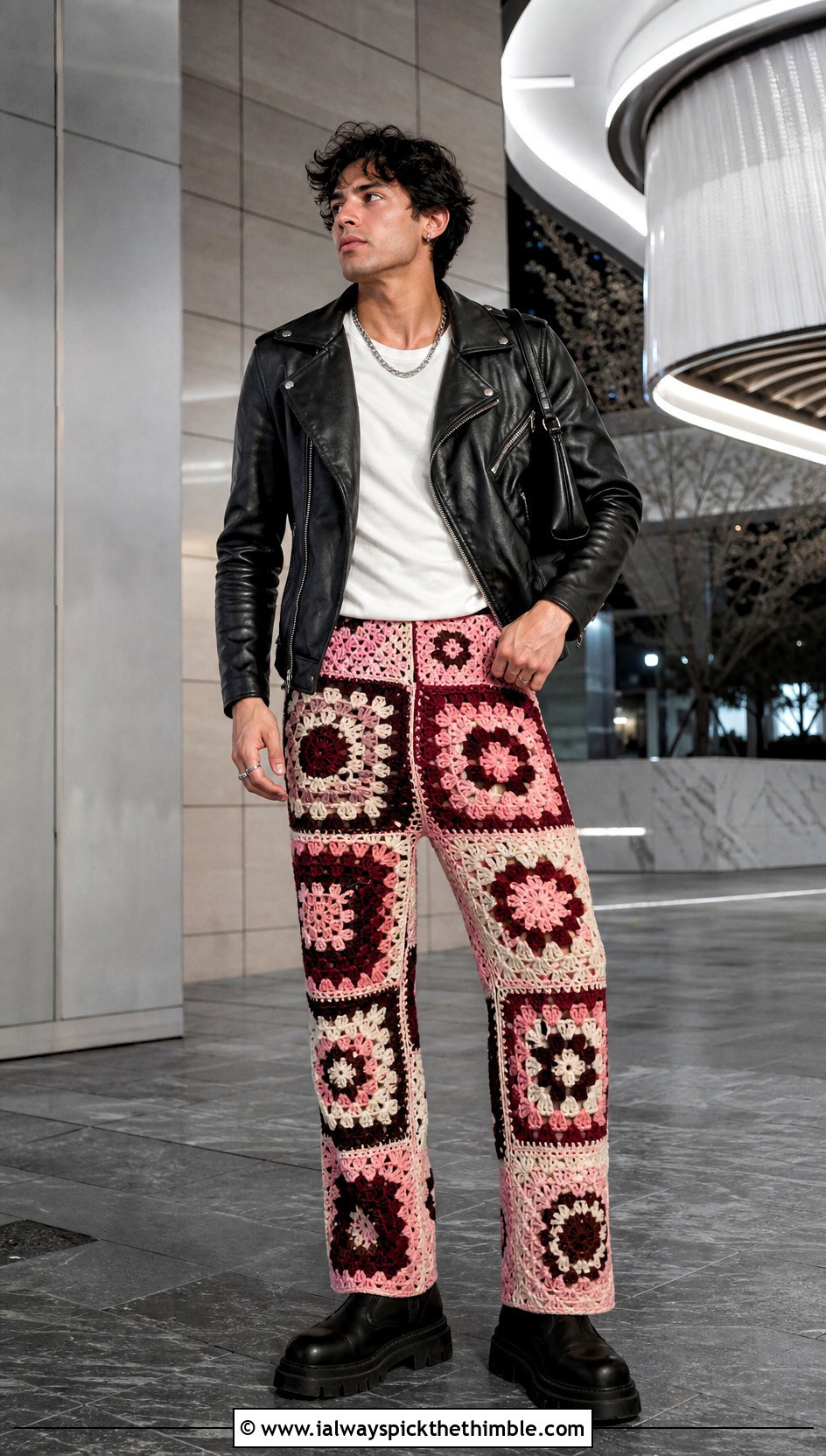 Patchwork Crochet Pants With Leather Jacket - 25 crochet pants men outfit ideas
