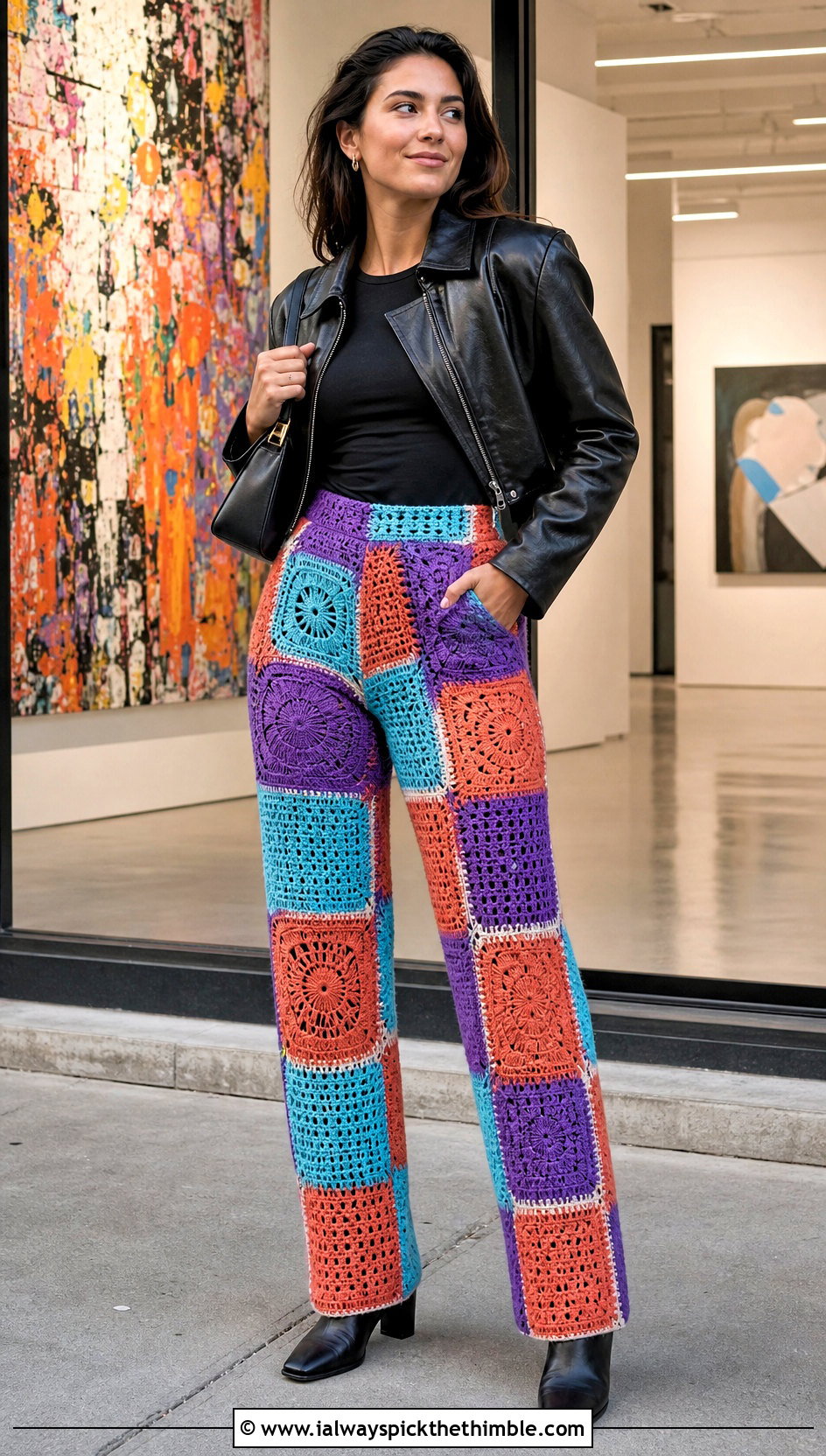 Patchwork Crochet Pants With Leather Jacket - 20 colorful crochet pants outfit ideas