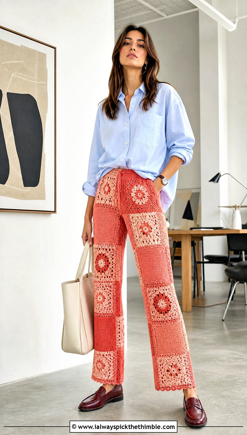 Patchwork Crochet Pants With Oxford Shirt - 25 crochet pants outfit ideas