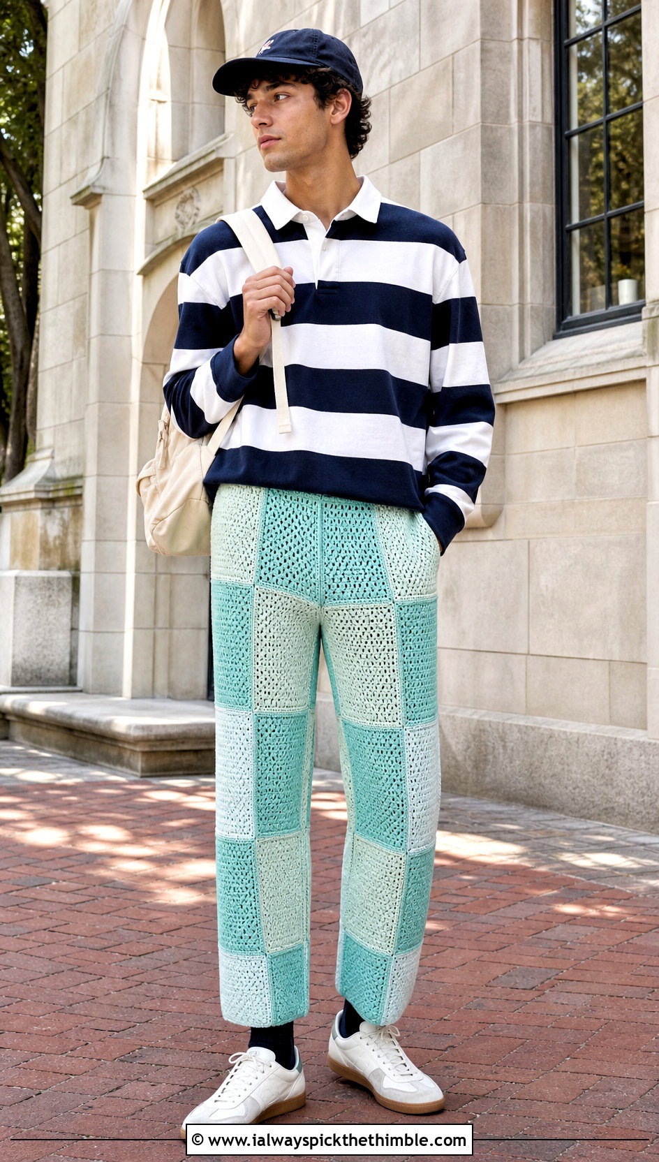 Patchwork Crochet Pants With Rugby Shirt - 15 crochet men pants outfit ideas