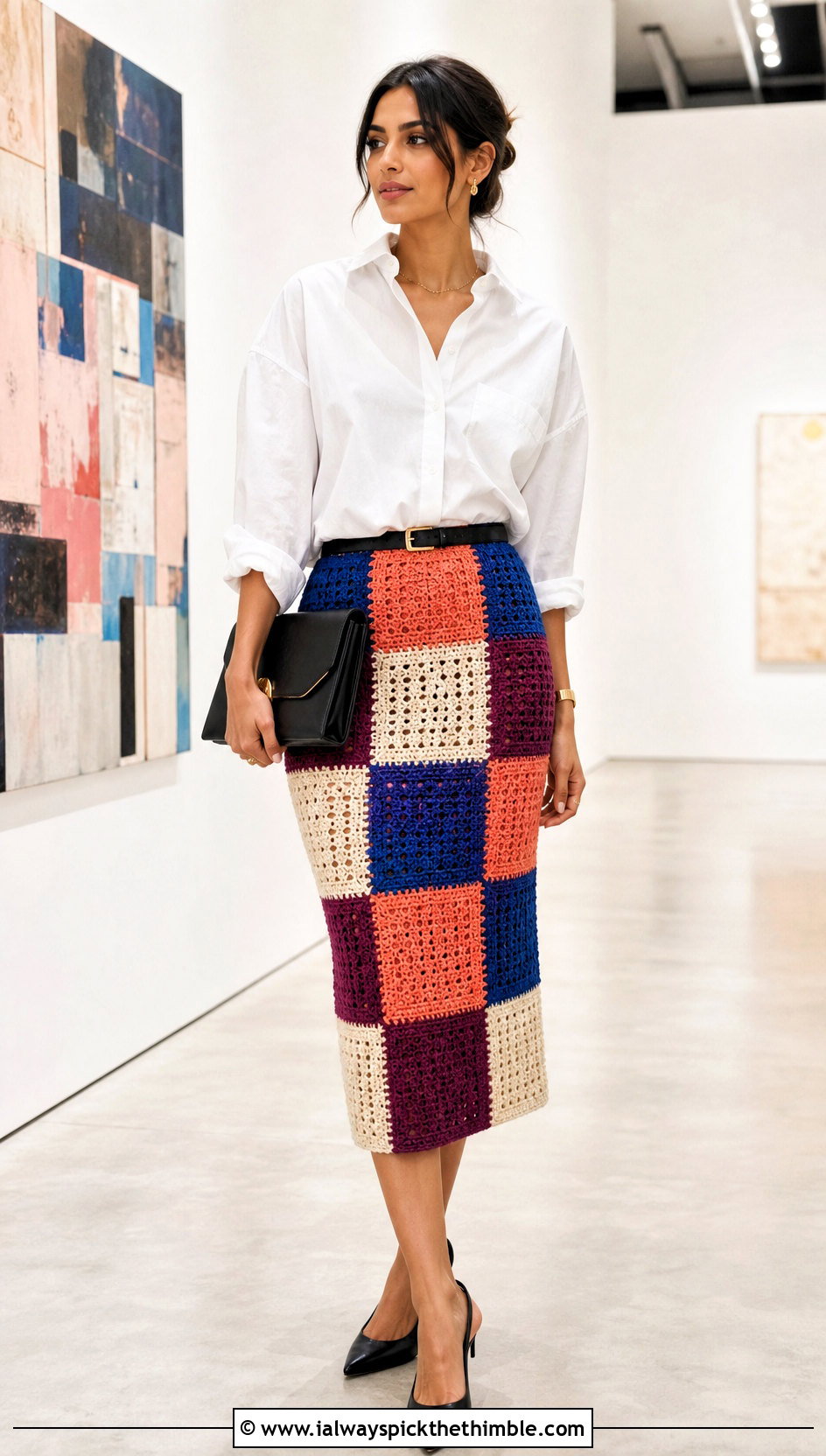 Patchwork Crochet Pencil Skirt With White Shirt - 15 valentine's day crochet skirt outfit ideas