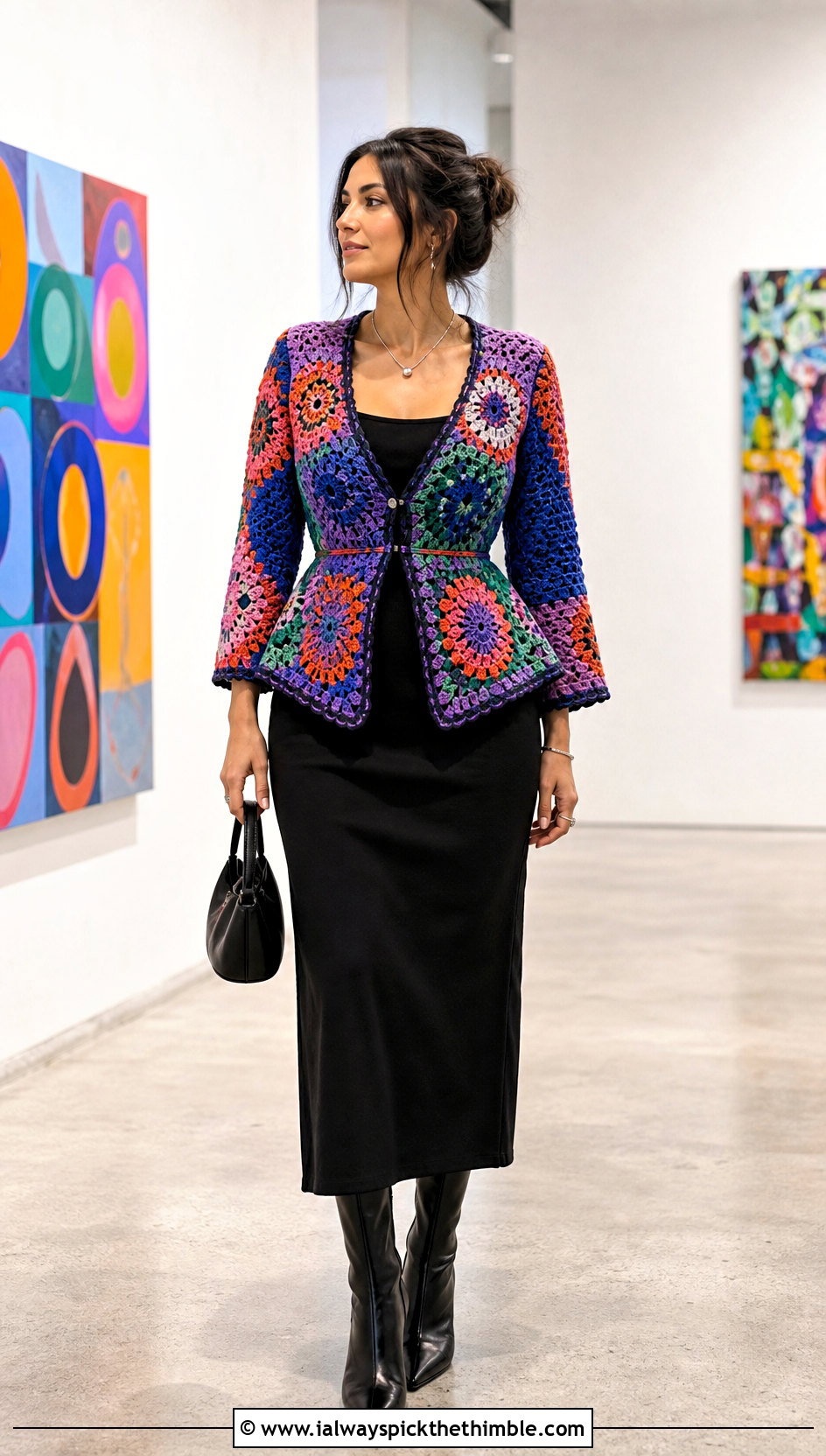 Patchwork Crochet Peplum Cardigan With Black Column Dress - 20 Crochet Peplum Cardigan outfit ideas
