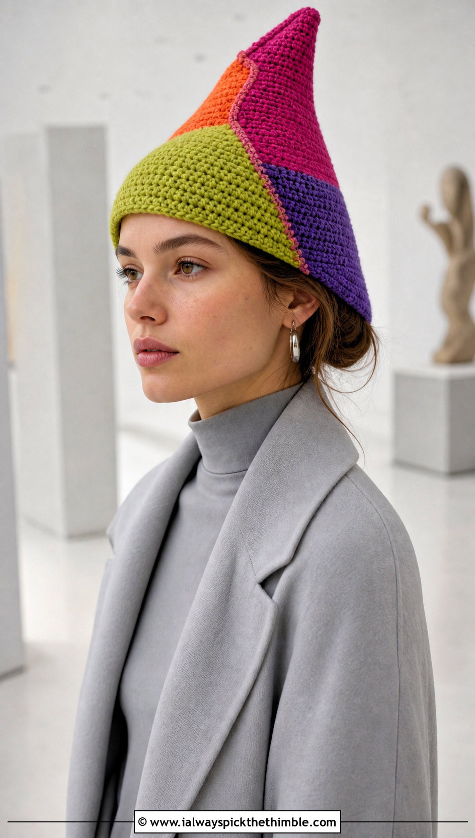 Patchwork Crochet Pointed Hat With Monochrome Outfit - 20 Crochet Pointed Hat outfit ideas