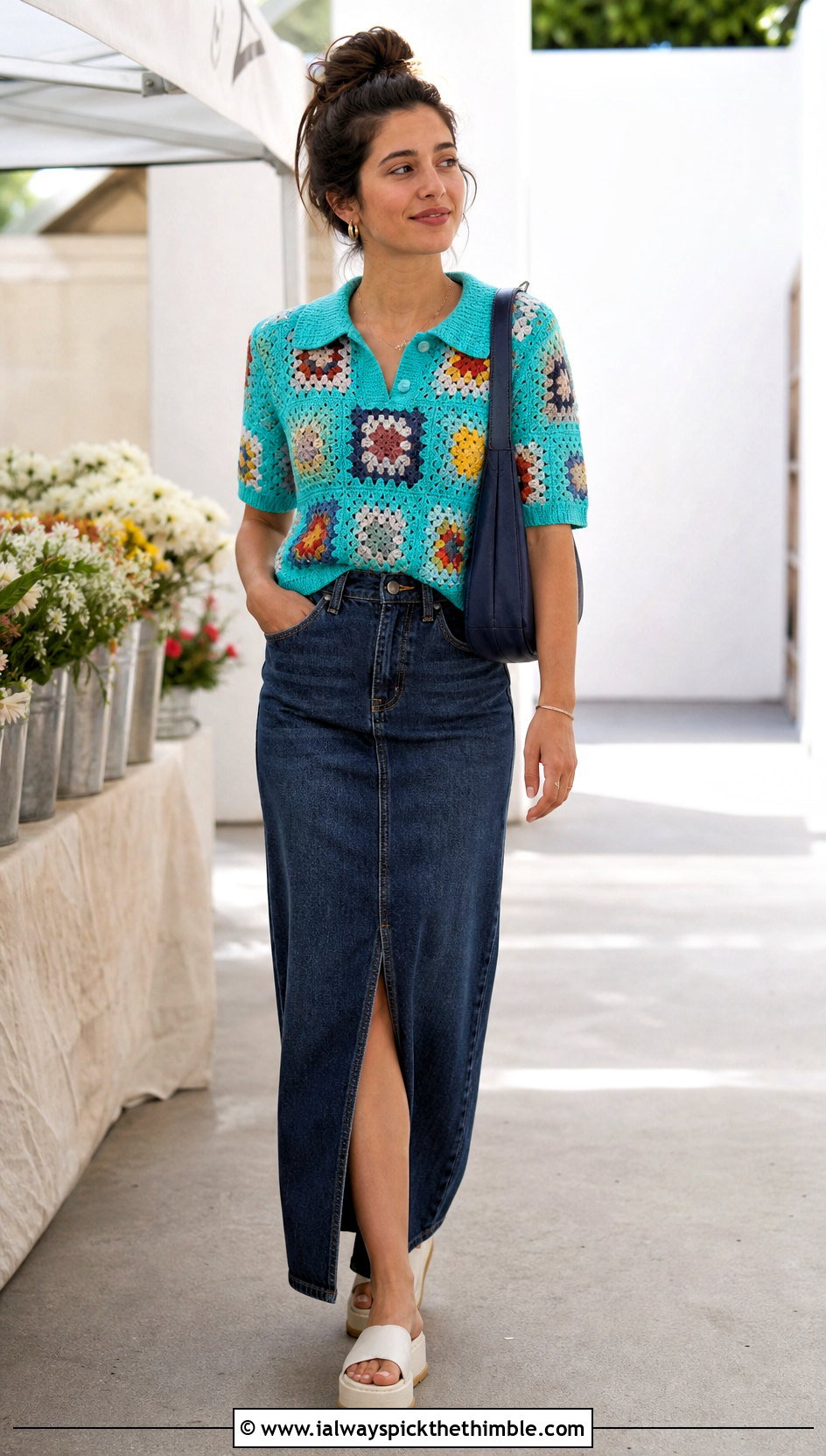 Patchwork Crochet Polo Shirt With Denim Maxi Skirt - 20 women crochet polo shirt outfit ideas
