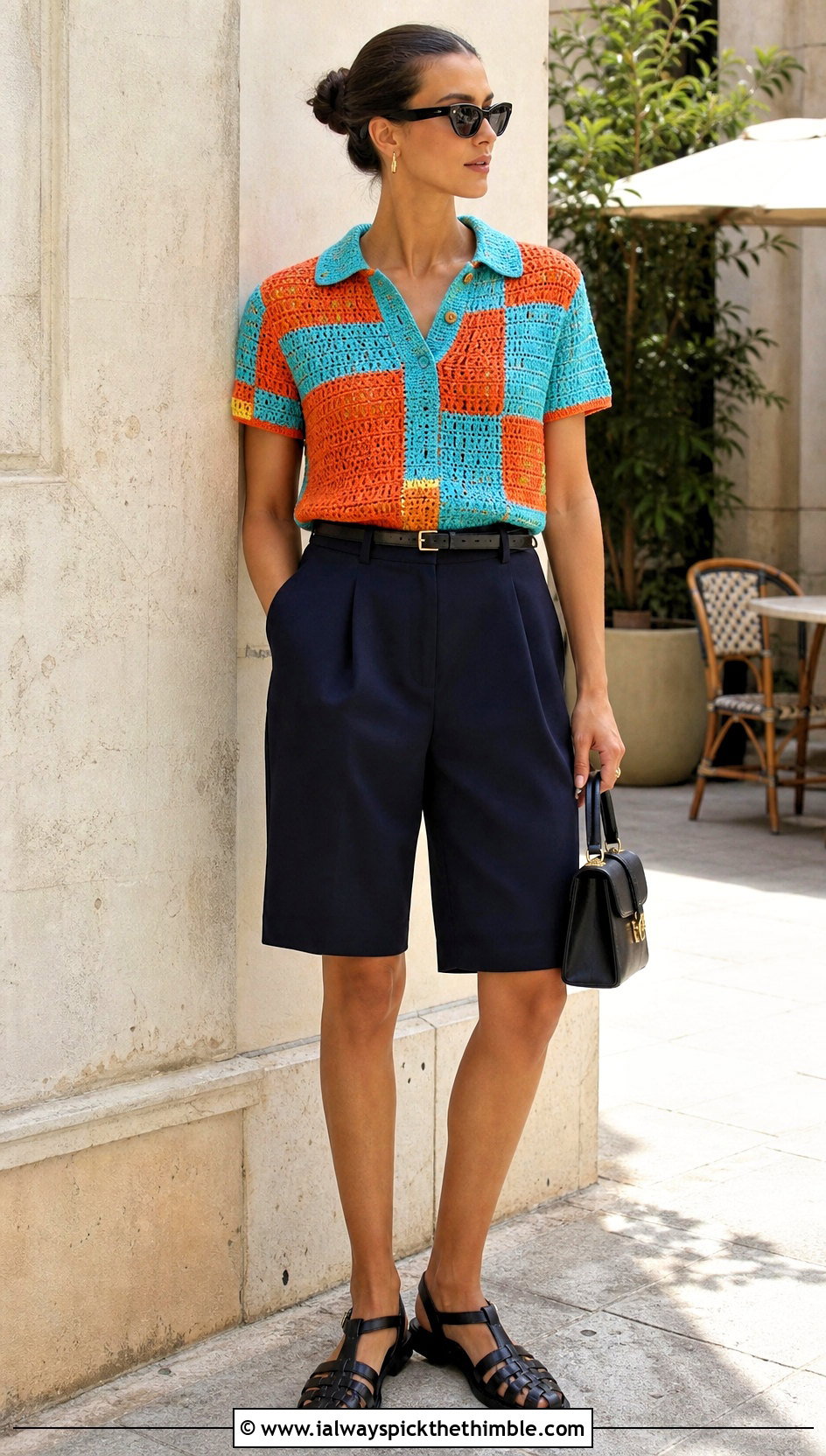 Patchwork Crochet Polo Sweater With Bermuda Shorts - 25 patchwork crochet sweater outfit ideas