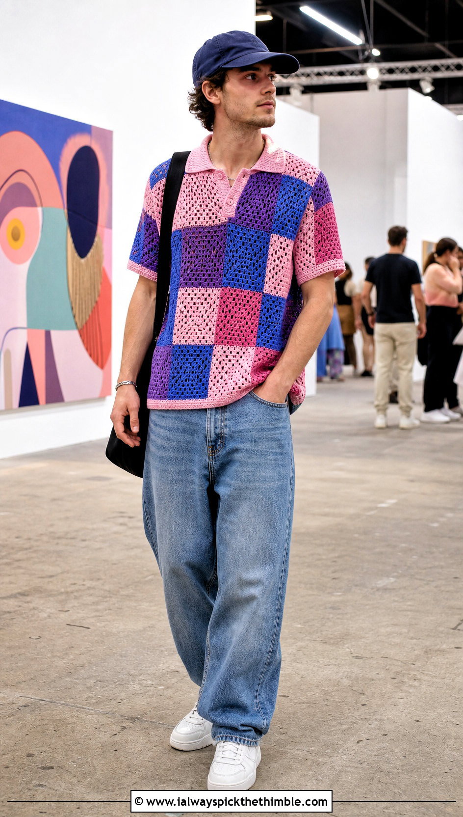 Patchwork Crochet Polo With Baggy Denim - 15 Mens Crochet Polo Shirt outfit ideas
